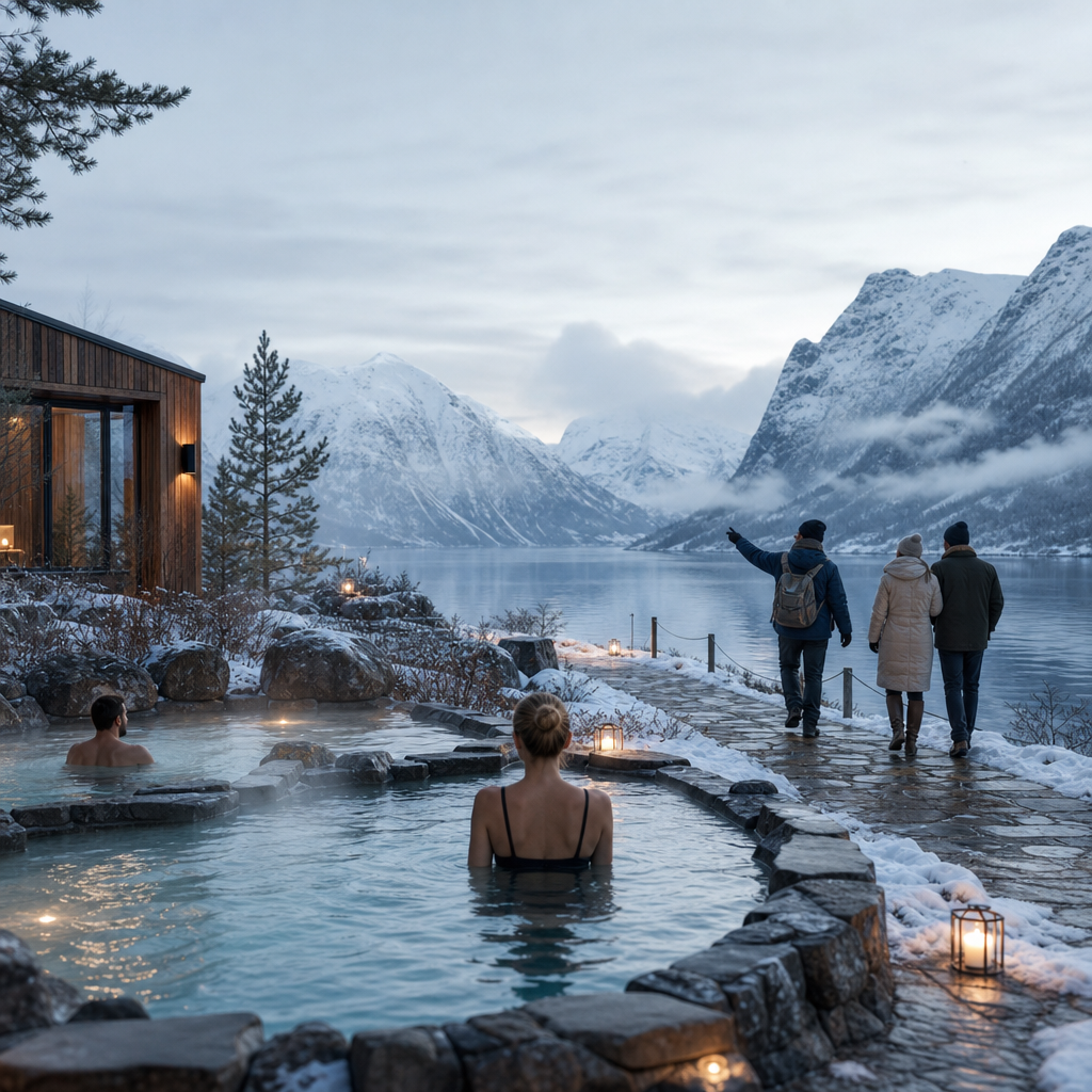 A tranquil Nordic spa with warm pools, snowy landscape, and a private guide leading a couple along a quiet fjord path