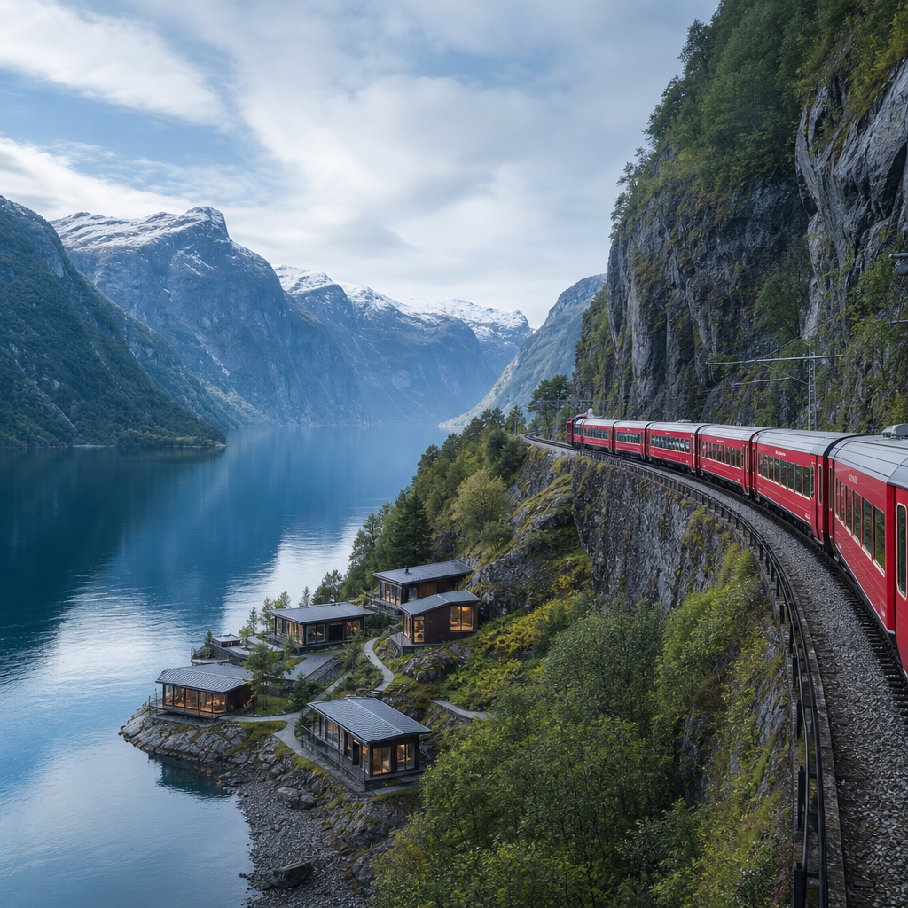 A serene Norwegian fjord with a red scenic train on a cliffside track and design-forward cabins by the water