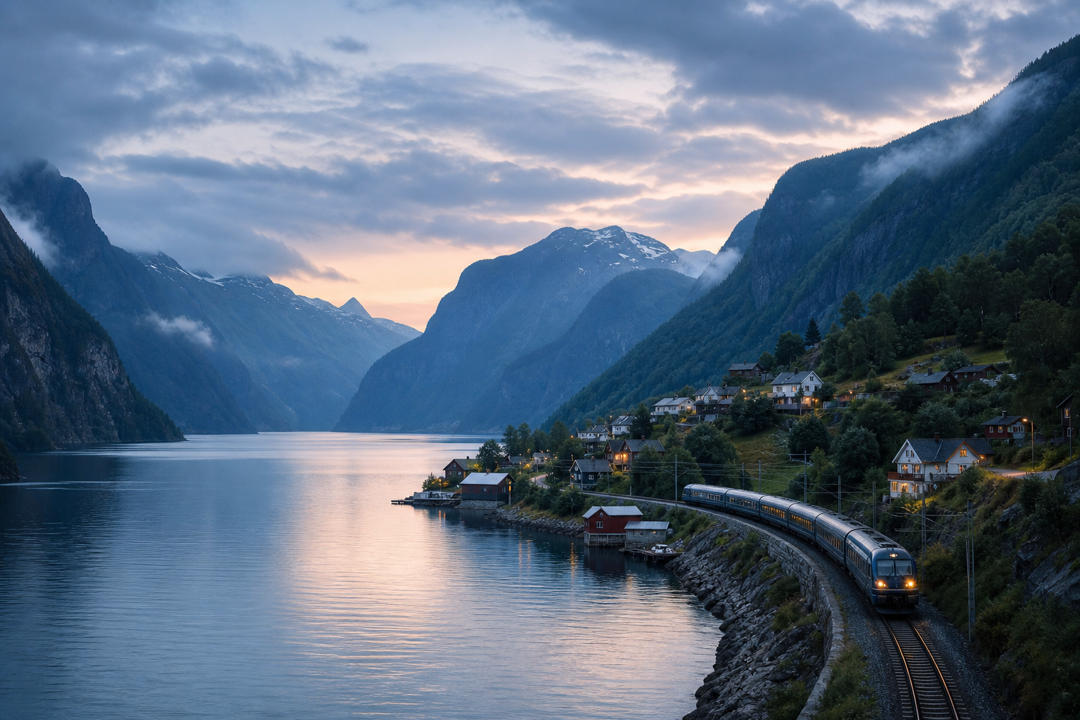 Norwegian fjord at dusk with a narrow rail line curving along the water and small villages nestled on the shore