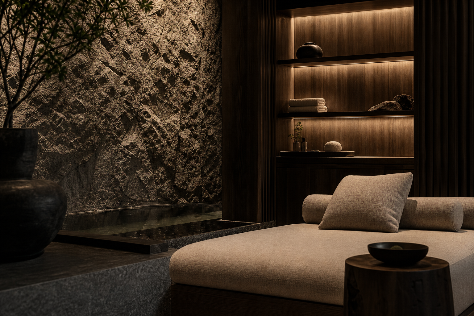 Intimate luxury wellness sanctuary detail with warm ambient lighting, stone textures, and a calm private lounge atmosphere