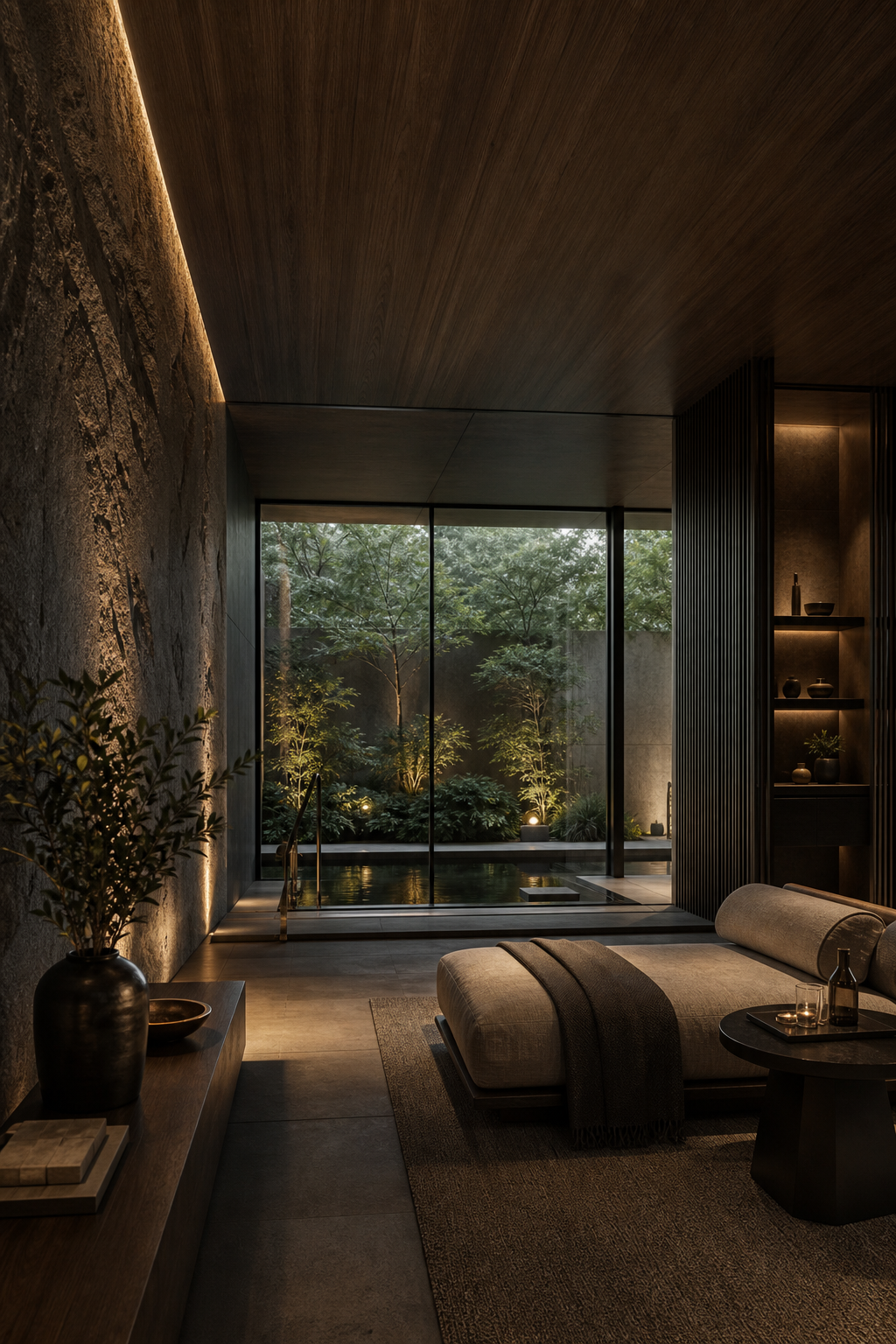 Quiet, intimate luxury sanctuary interior framed by nature