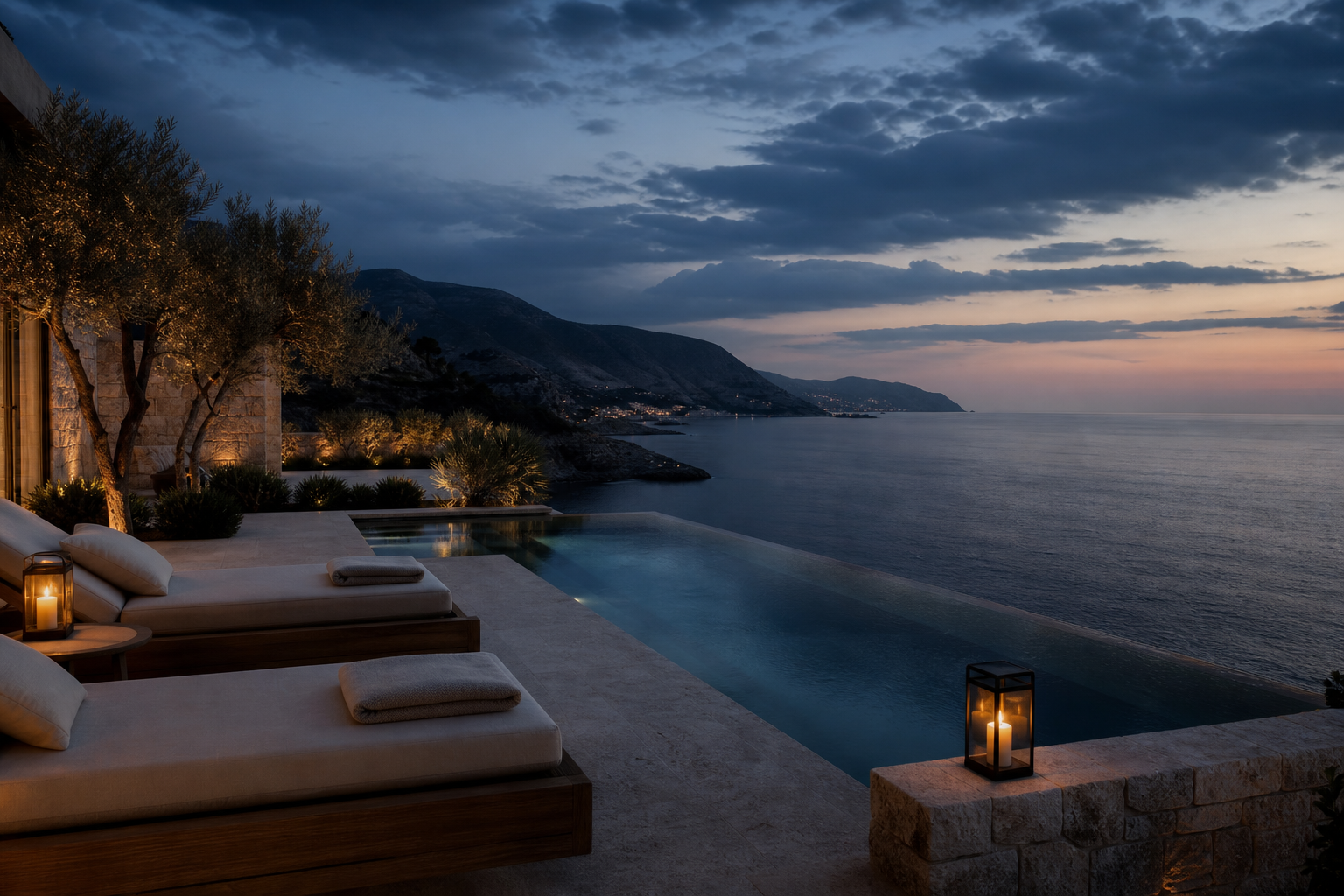 Cinematic private coastal villa terrace at dusk with infinity plunge pool, soft lantern light, and a calm sea horizon
