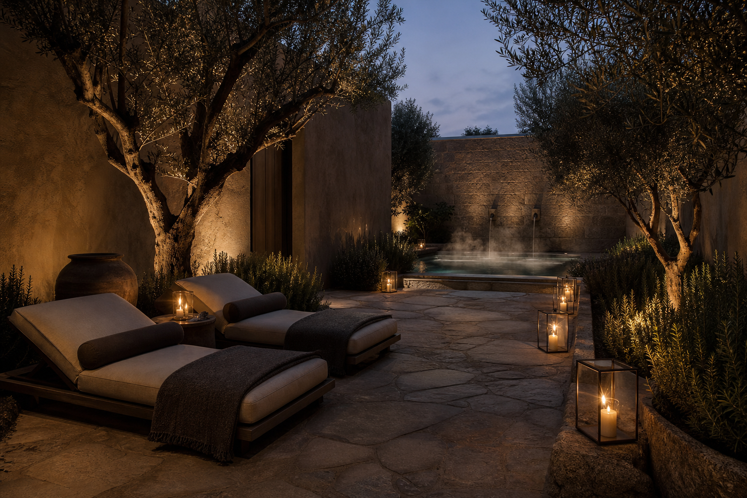 Secluded spa garden at twilight with two lounge chaises, candlelit pathway, and intimate thermal pool