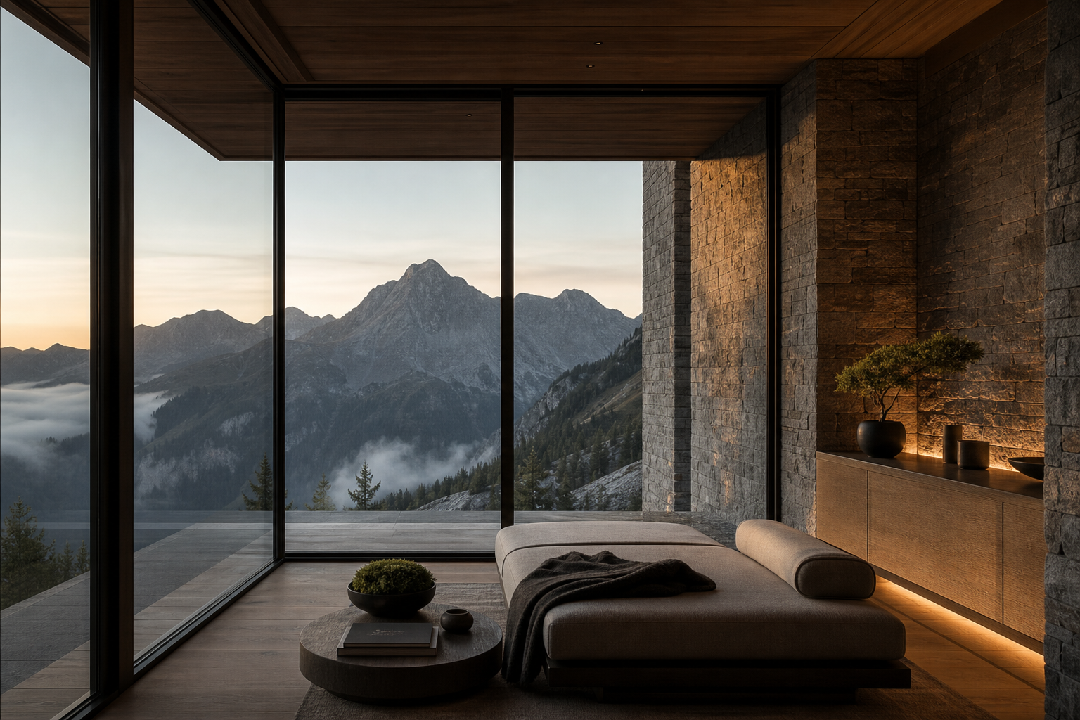 Elegant alpine sanctuary suite with panoramic mountain ridgeline views, natural stone textures, and moody early-morning light