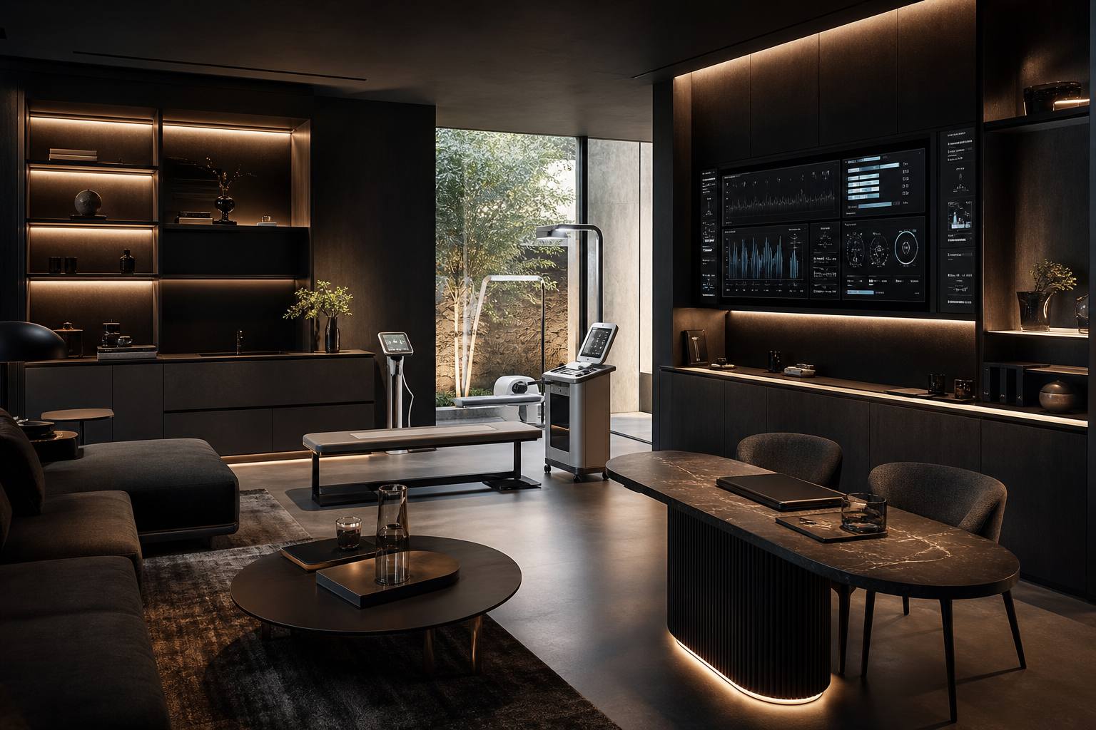Private longevity assessment lounge with advanced diagnostics screens, warm wood finishes, and focused low-key lighting