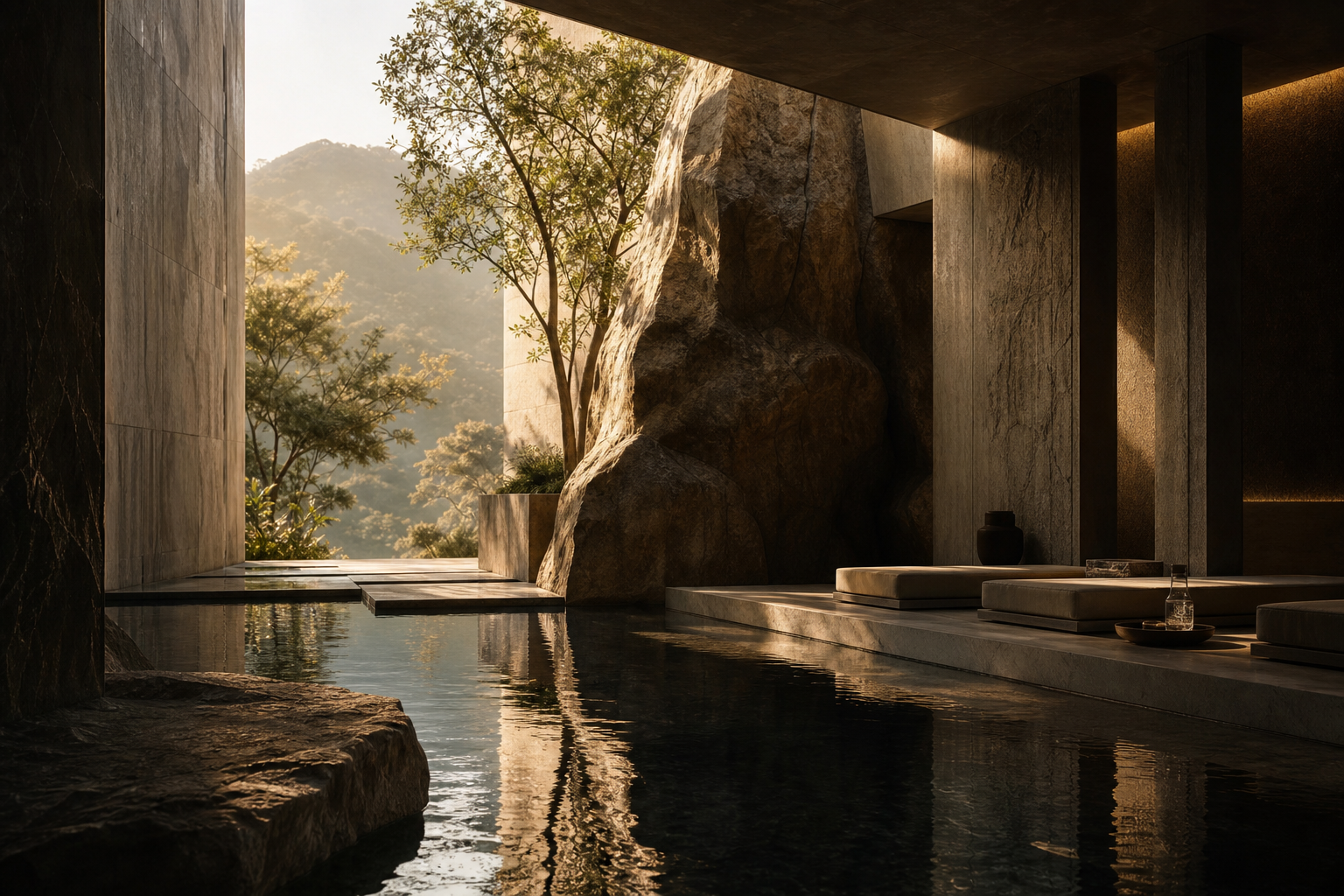 Cinematic private luxury wellness retreat sanctuary with natural stone architecture, still reflective water, soft dawn light, deep shadows, and secluded atmosphere