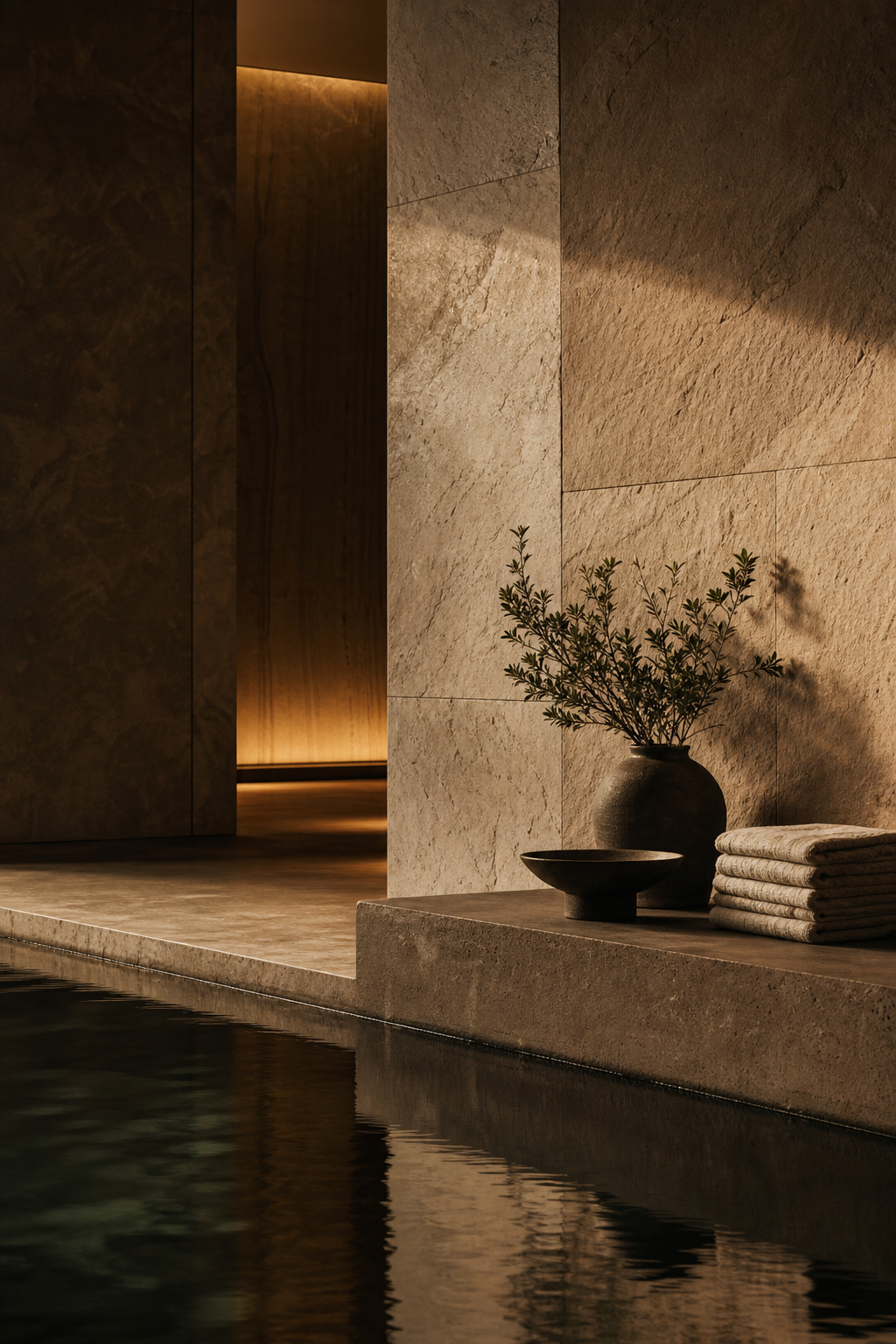 Architectural wellness sanctuary detail with warm moody interior light reflecting on still water beside textured stone and soft linen surfaces