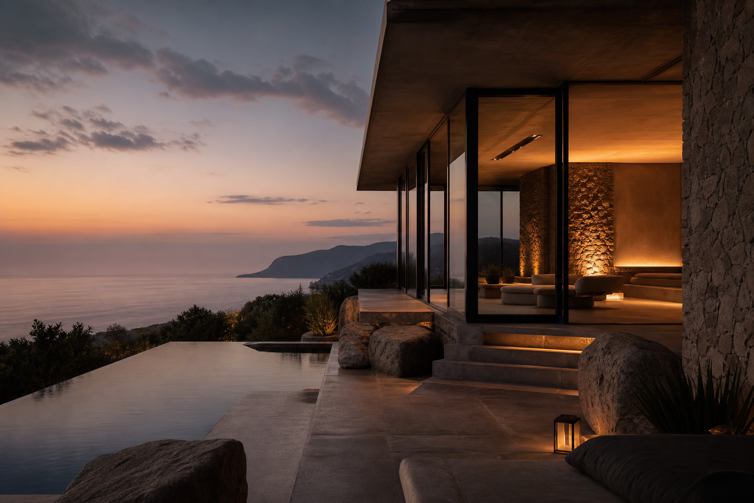 Secluded coastal wellness terrace at dusk with calm sea horizon and minimalist lounge details