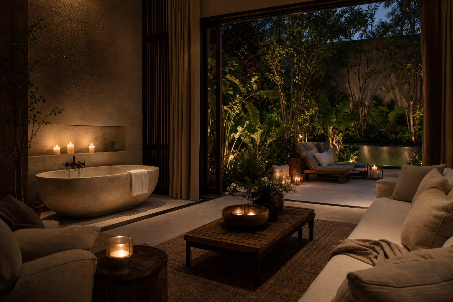 Intimate couples wellness villa lounge with candlelit spa setting and serene evening garden view