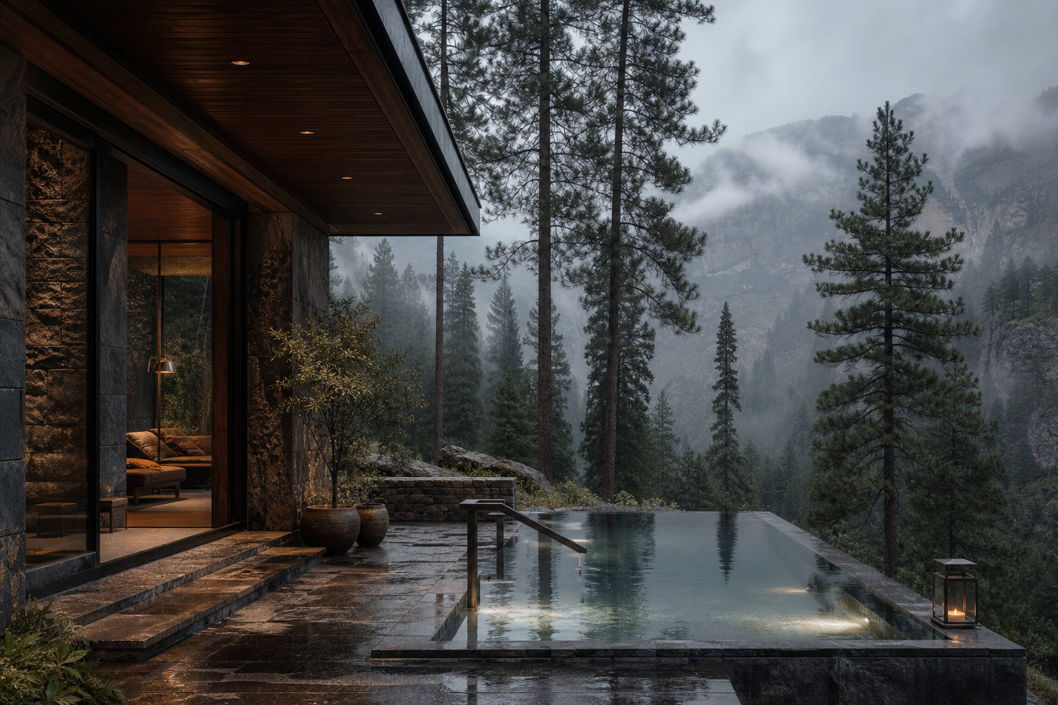 Private mountain sanctuary with stone spa architecture, pine forest, and misty morning atmosphere