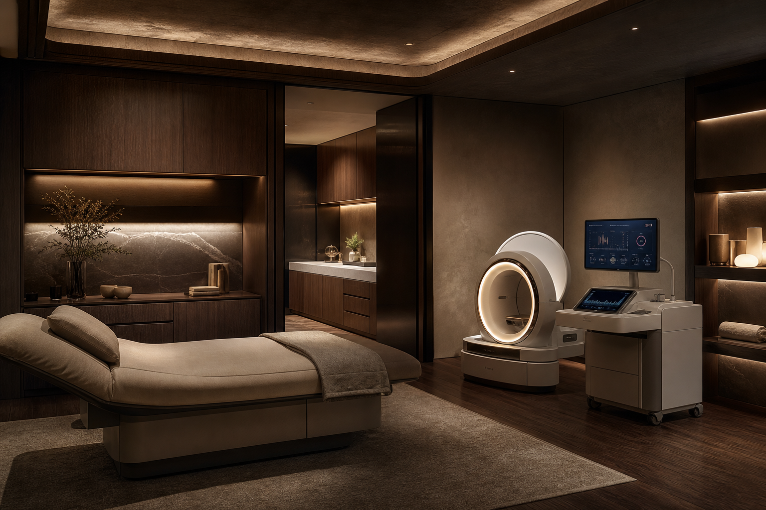 Refined private longevity suite with warm wood finishes, ambient lighting, and contemplative wellness spaces