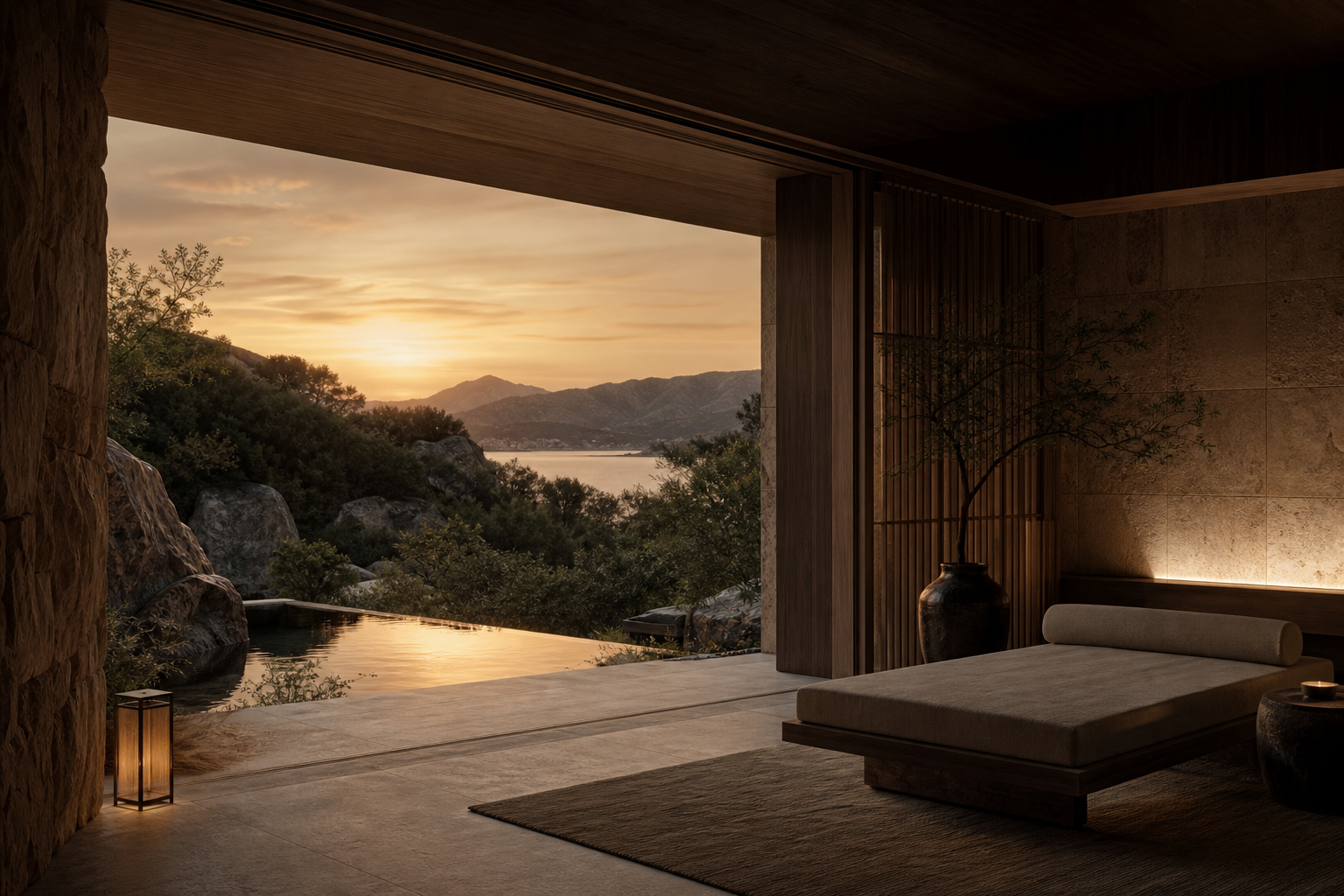 Atmospheric luxury retreat sanctuary with calm architecture, soft natural textures, and secluded landscape
