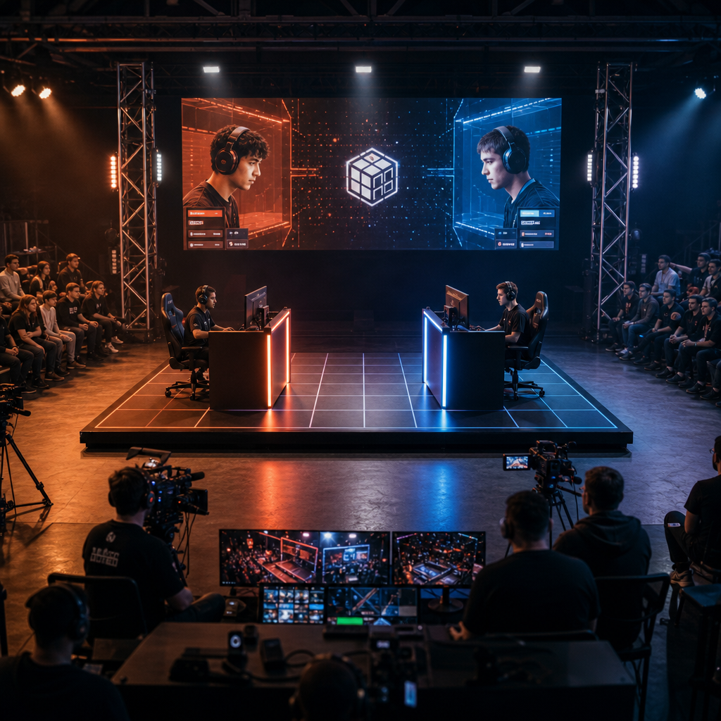 Arena action scene with live-streamed competition moments
