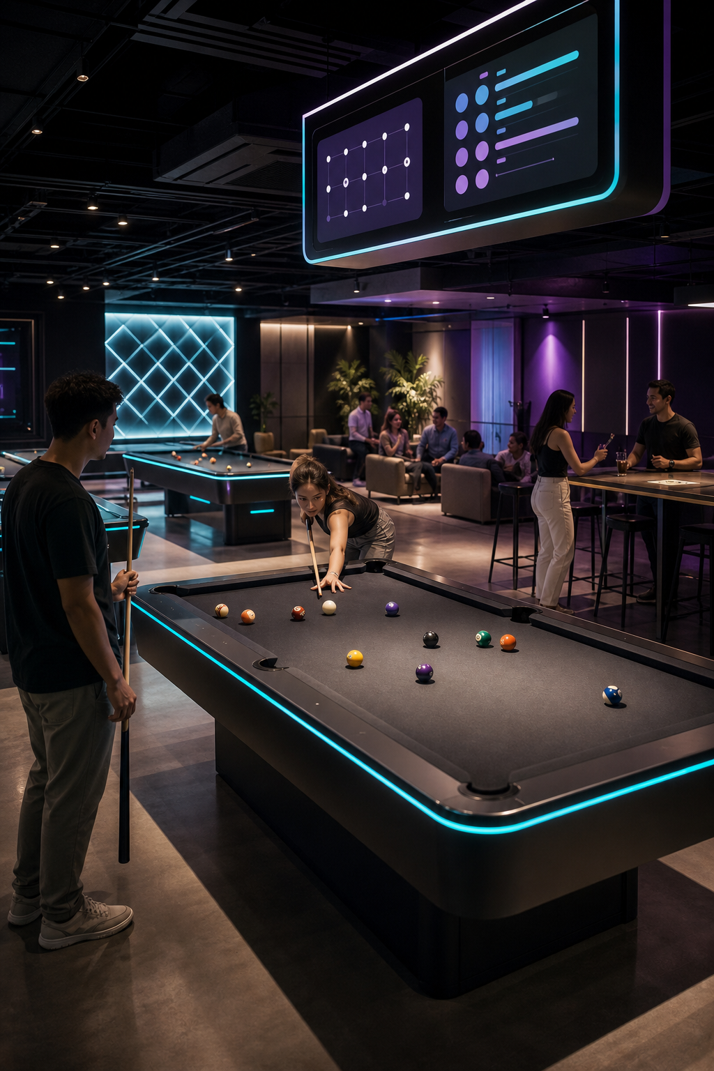 Futuristic billiards venue interior with cyber-inspired lighting and social play atmosphere