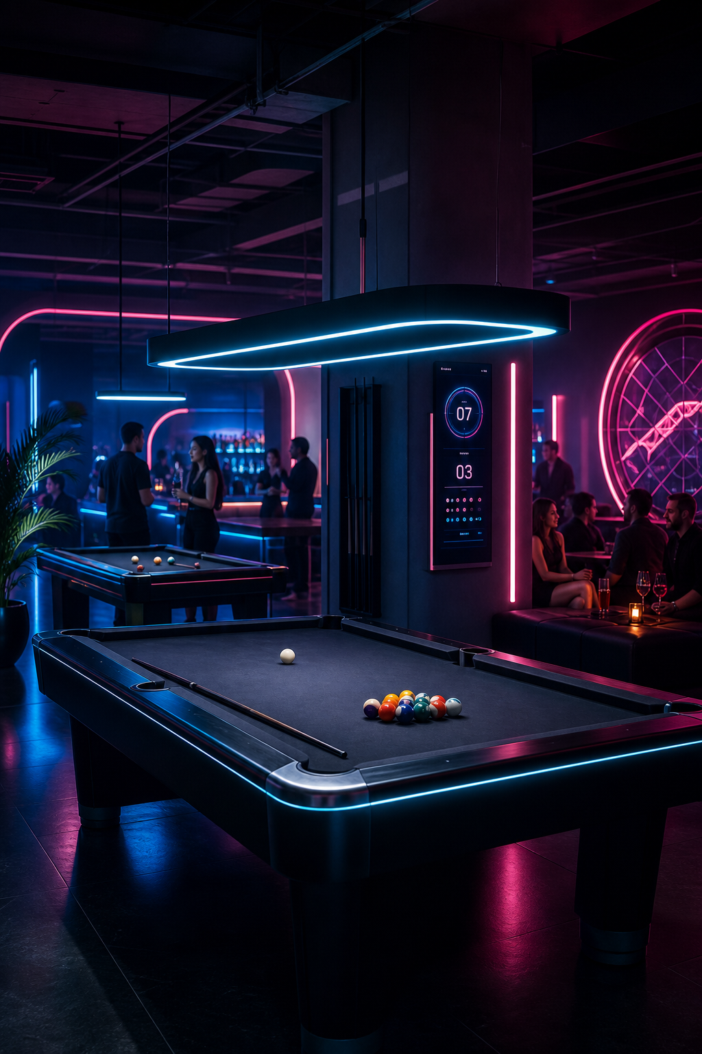 Futuristic billiards venue interior with neon lighting, sleek pool tables, immersive digital accents, and a premium social nightlife atmosphere
