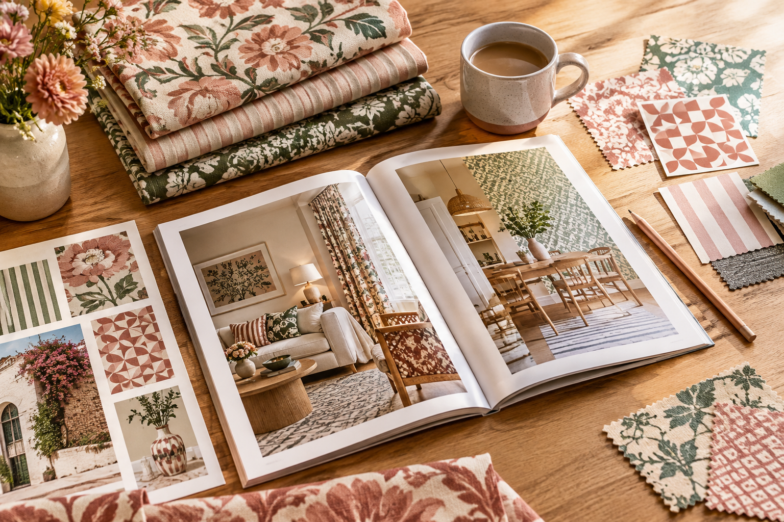 Editorial mood collage showing patterned textiles, open magazine spreads, and material swatches arranged on a design desk