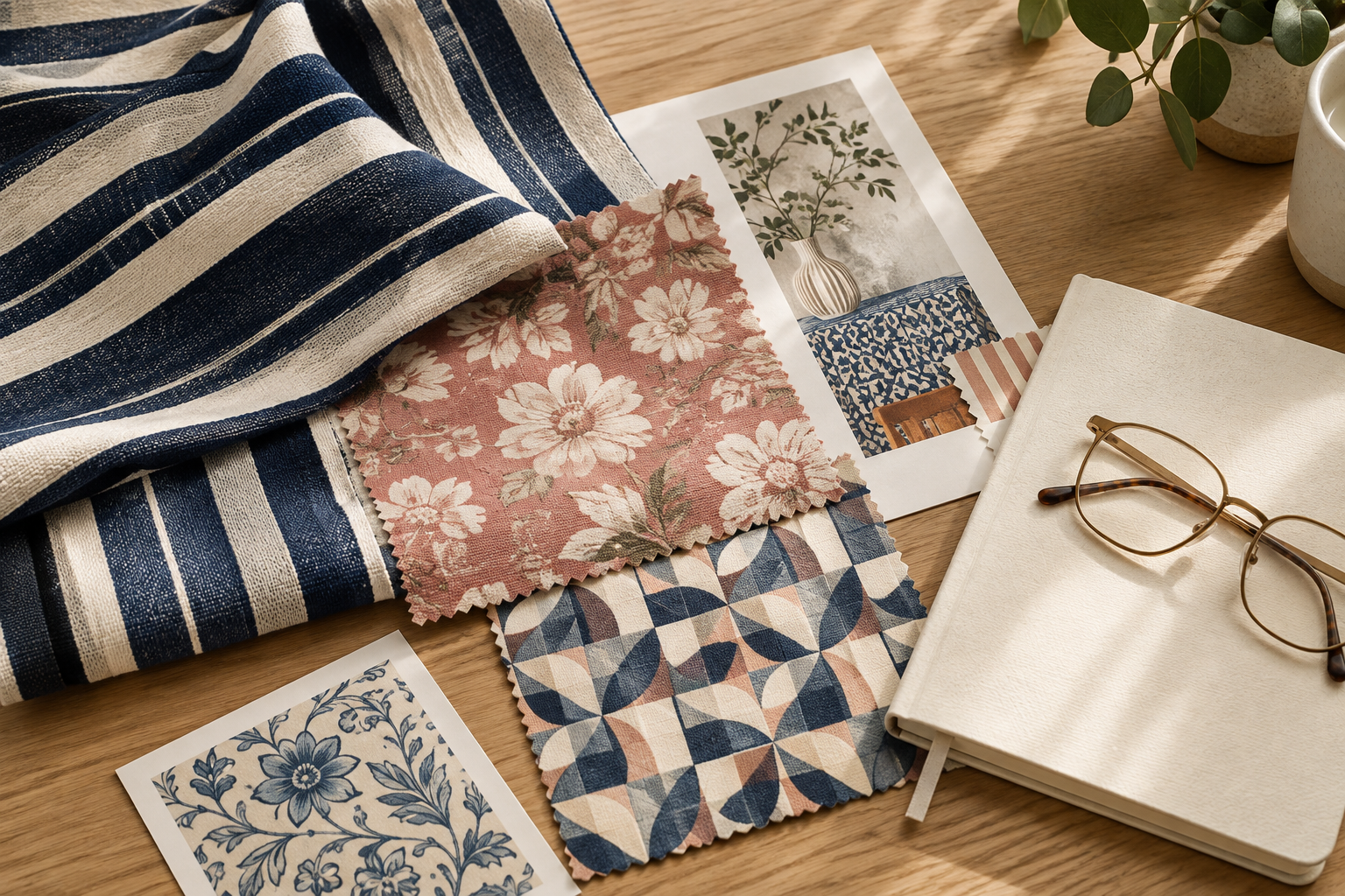Editorial lead image showing layered textile swatches, a striped notebook, and floral print clippings arranged on a neutral desk