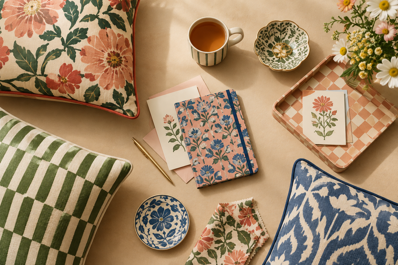Curated edit of patterned cushions, stationery, and tabletop pieces on a neutral backdrop