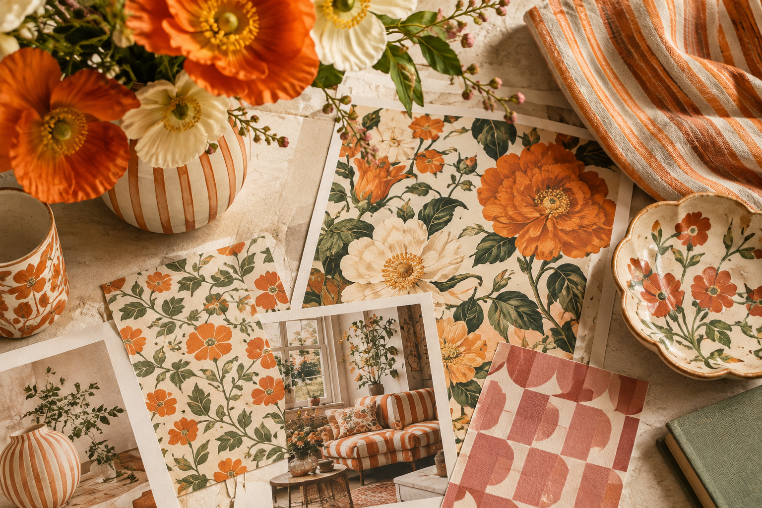 Bold floral print close-up arranged with magazine pages and ceramic objects