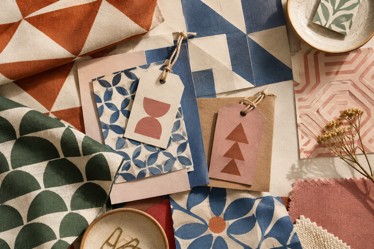 Geometric pattern collage with folded paper, packaging labels, and textured fabric