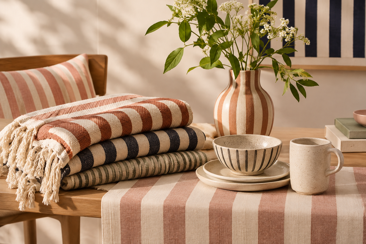Styled striped textiles layered with neutral tableware and warm editorial lighting