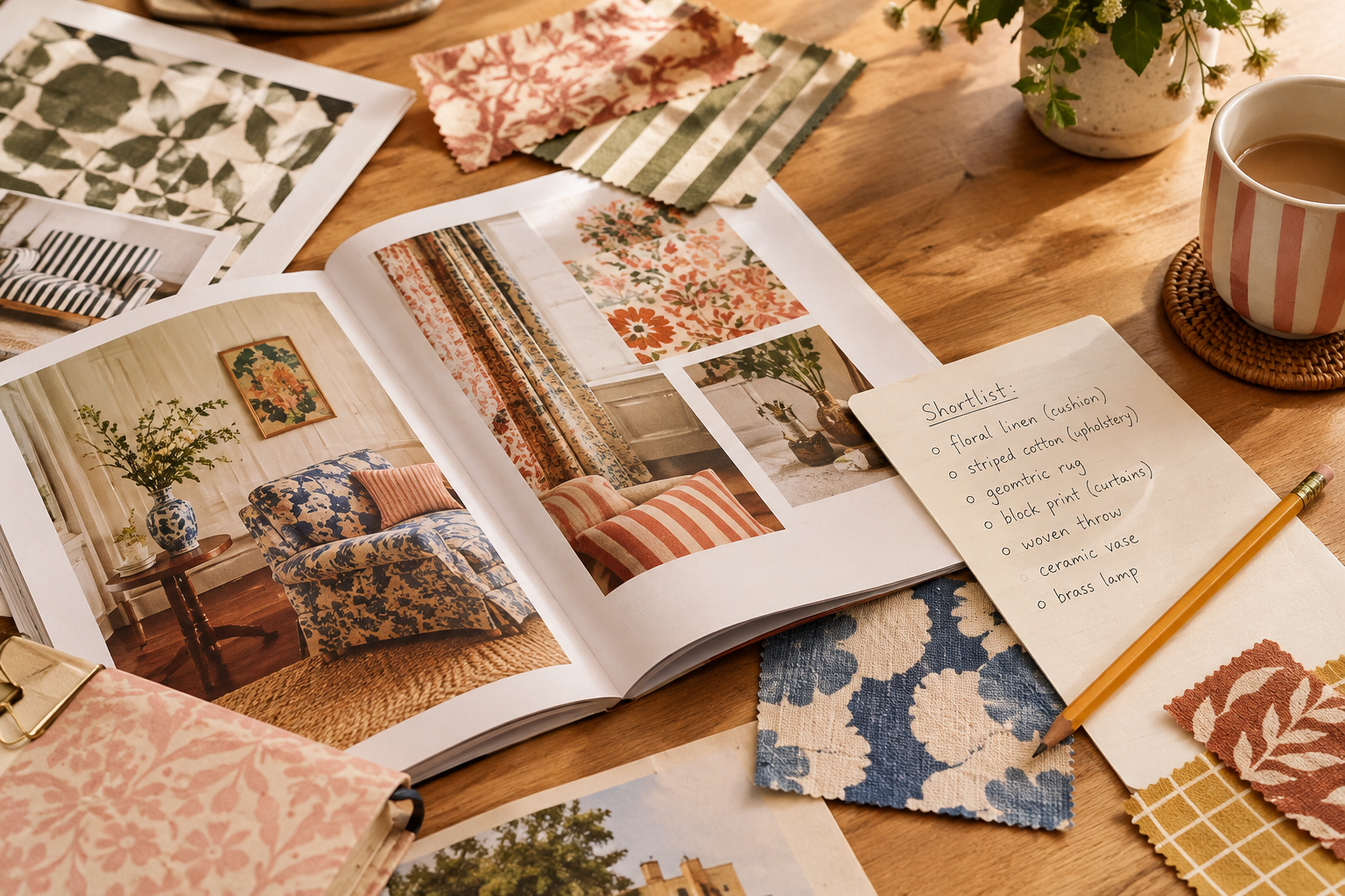 Editor’s desk scene with marked magazine pages, fabric snippets, and handwritten selection notes