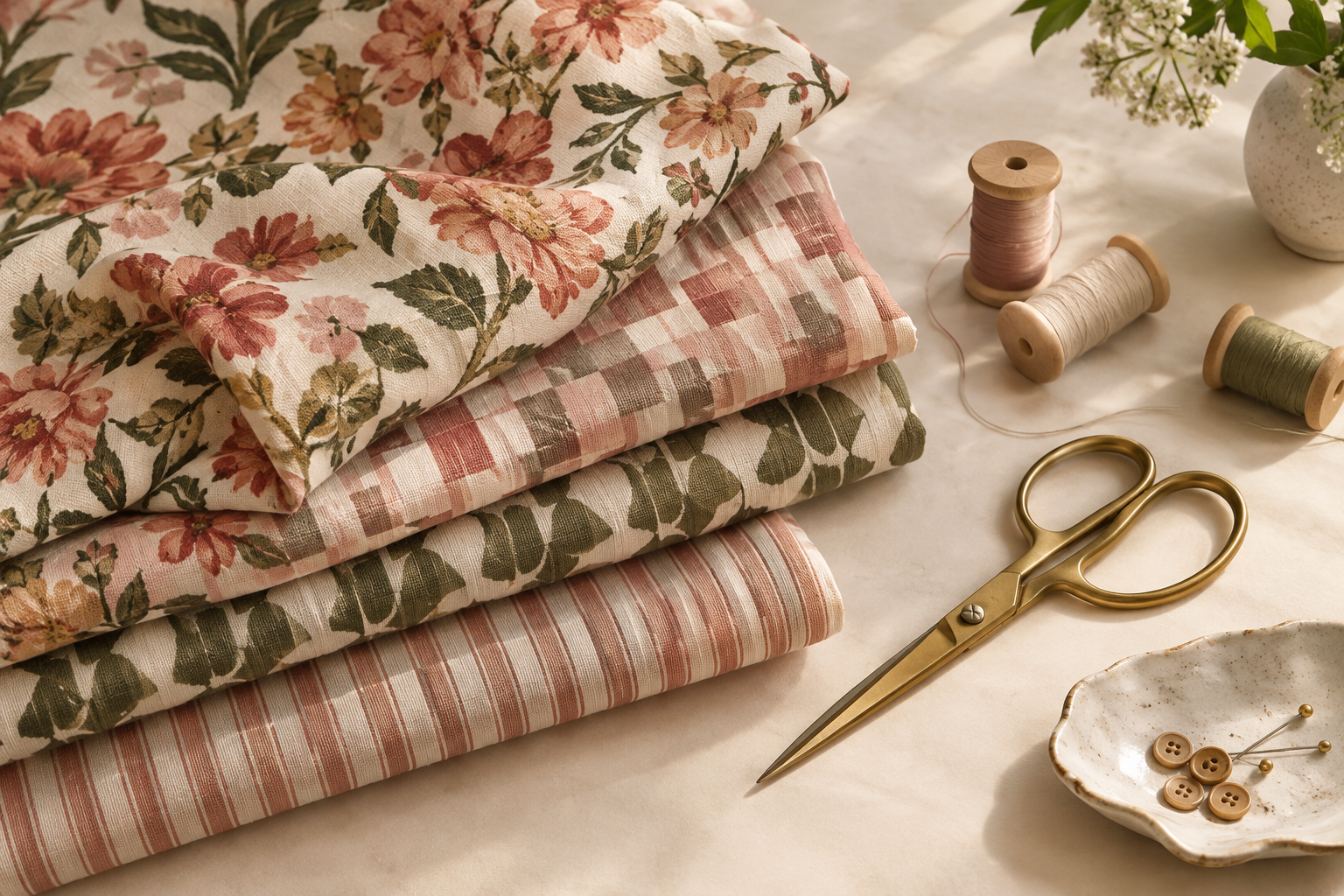 Close-up of layered patterned textiles, brass scissors, thread spools, and a small ceramic tray styled on a warm cream table