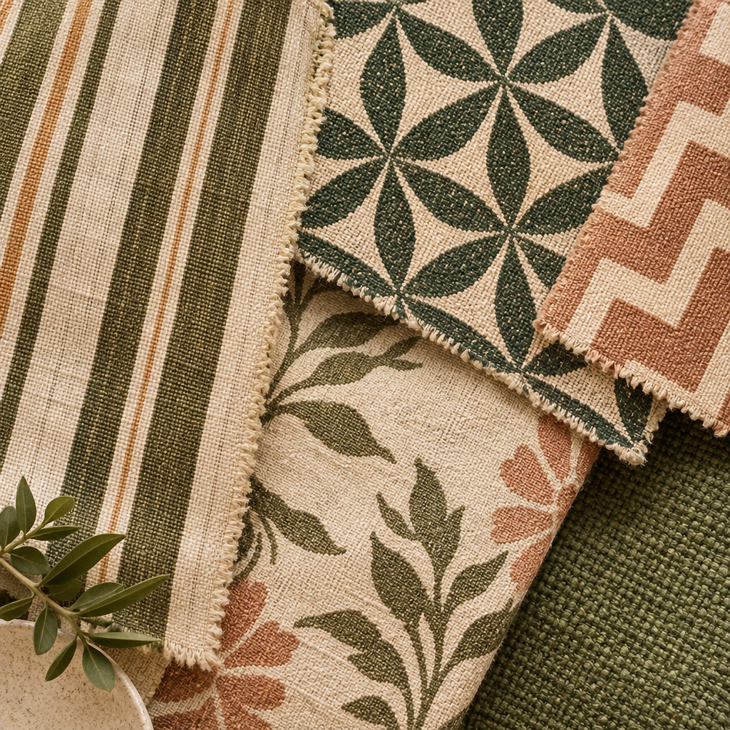 Close-up swatch detail showing woven stripe and geometric motifs with tactile fabric texture