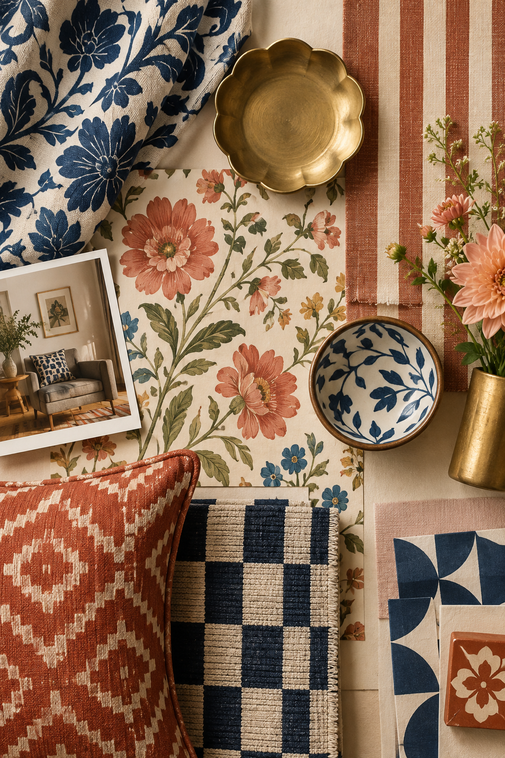 Editorial collage of patterned textiles, floral paper goods, and styled home objects in warm tones