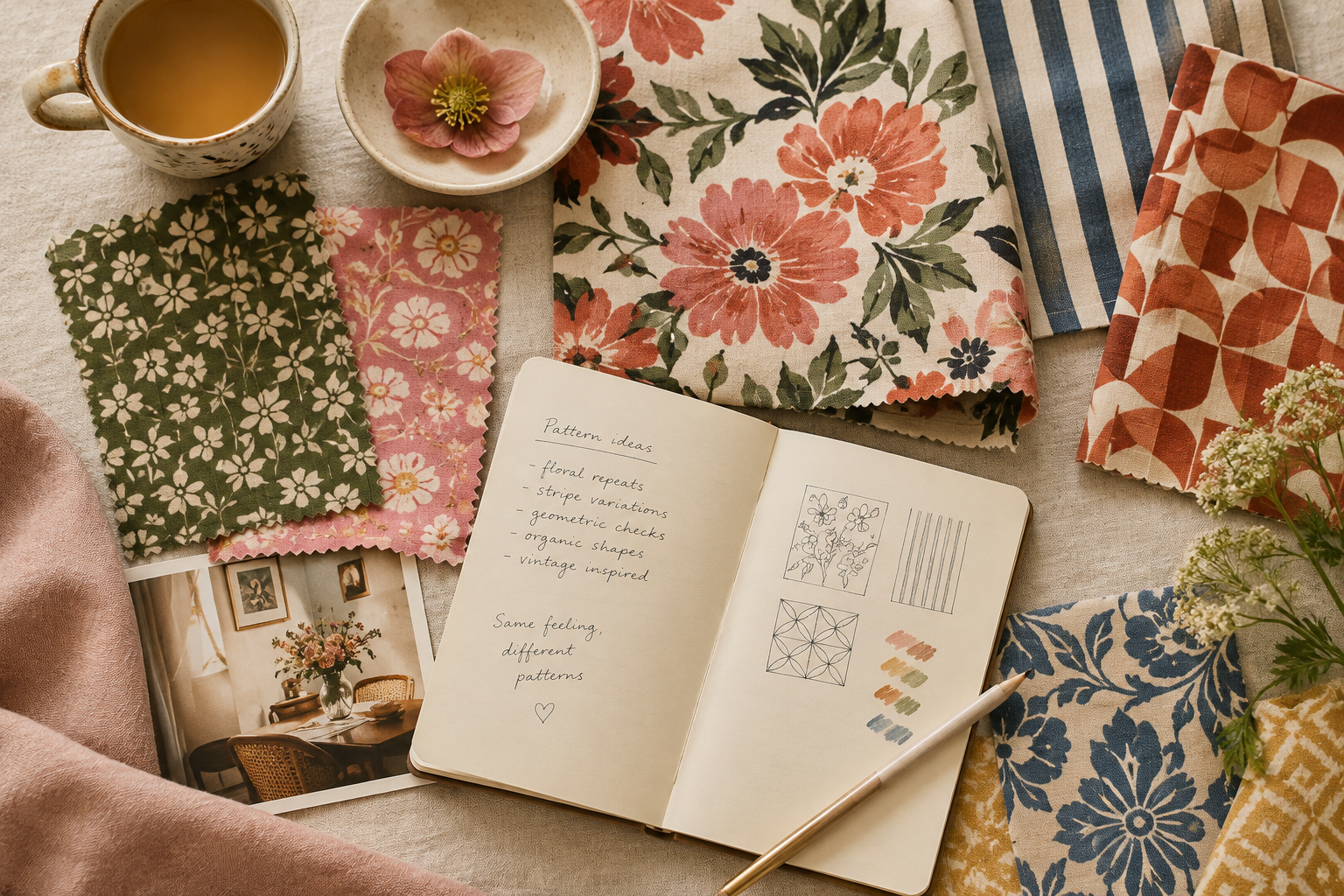 Layered editorial collage with floral and geometric fabric swatches, notebook notes, and warm studio styling
