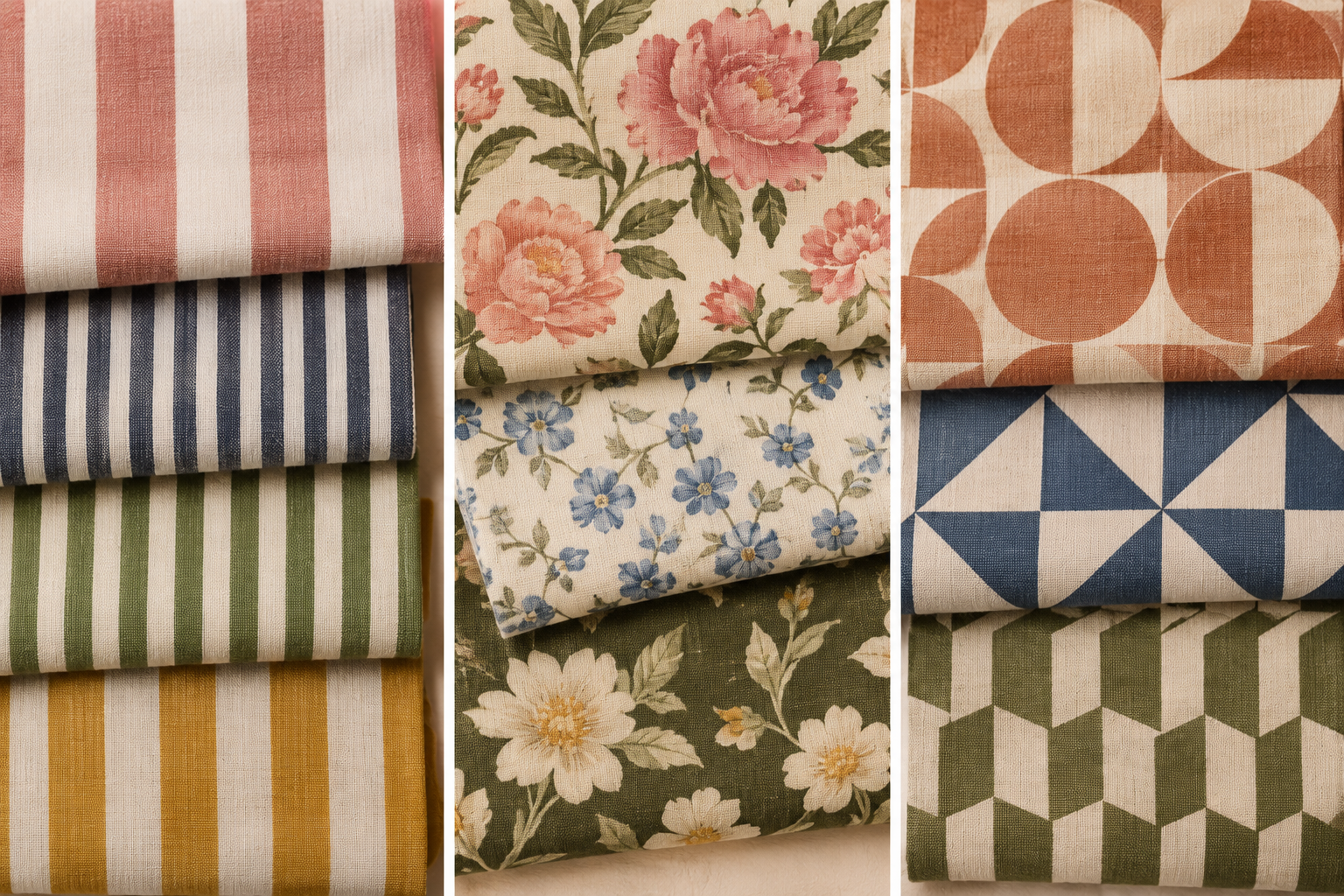Close-up grid of textile samples featuring florals, stripes, and geometric motifs in coordinated tones