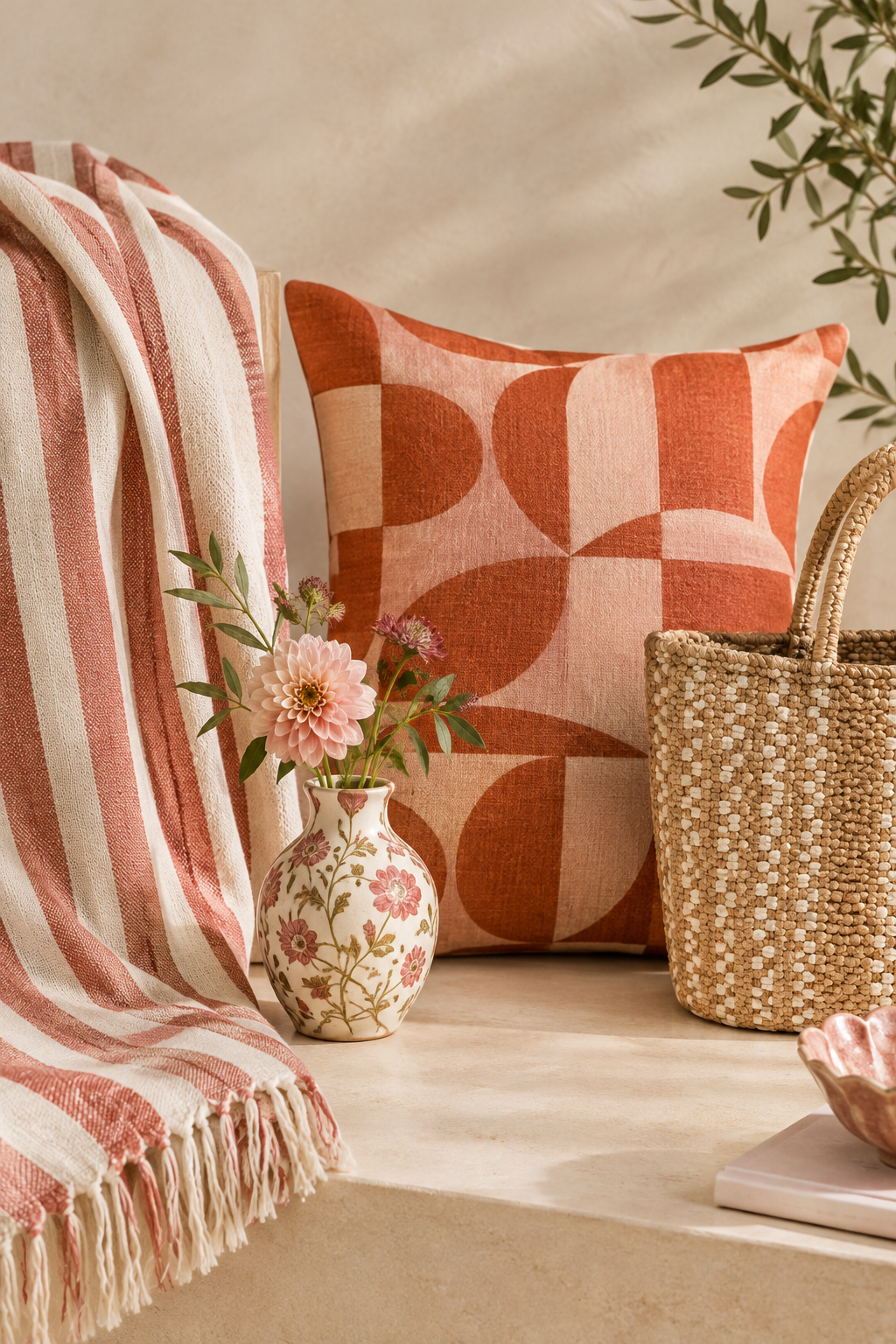 Editorial collage of patterned home and fashion finds including a striped throw, floral ceramic vase, geometric cushion, and woven tote arranged on a warm studio surface