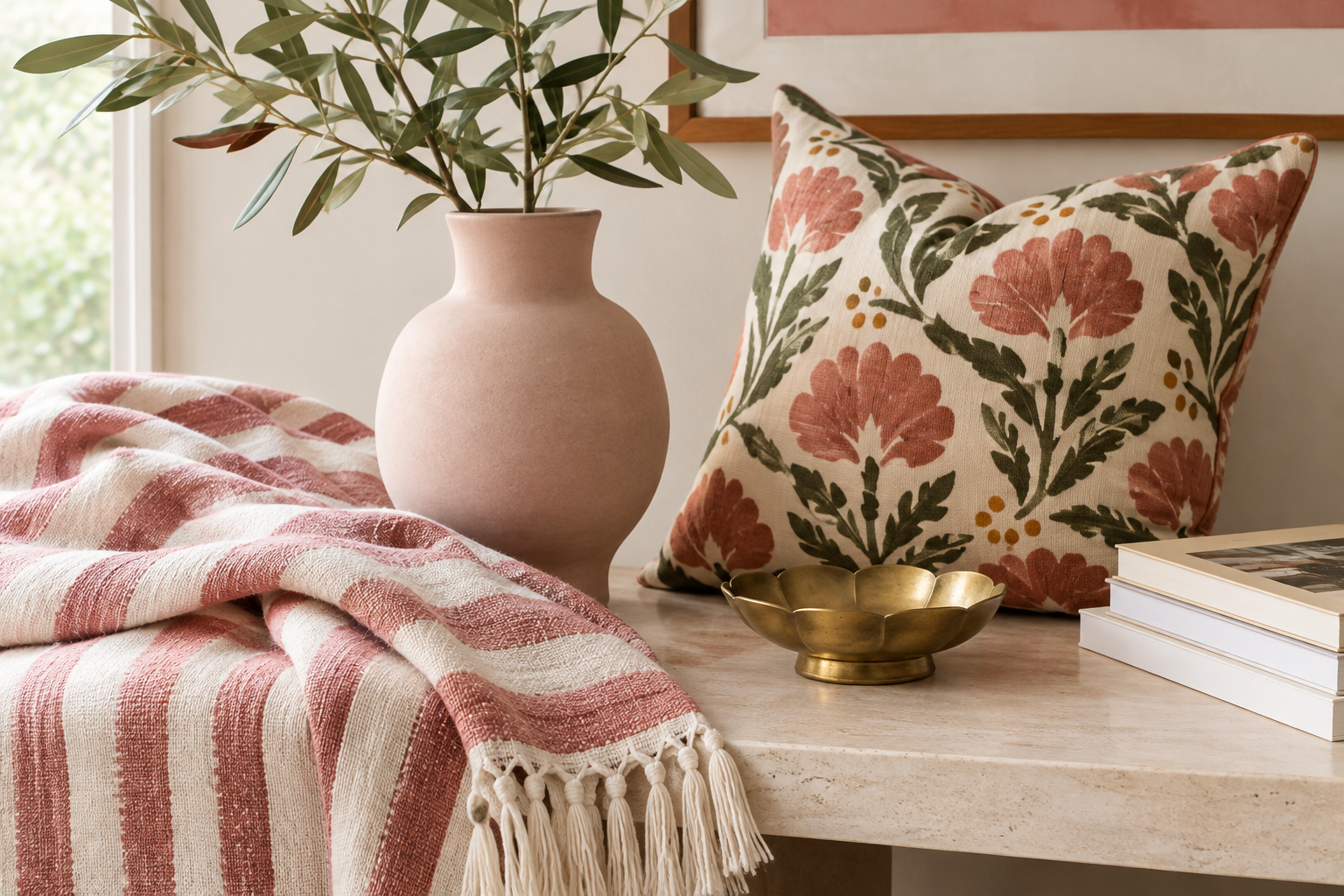Curated tabletop still life with striped throw, ceramic vase, and patterned accessories arranged in soft daylight