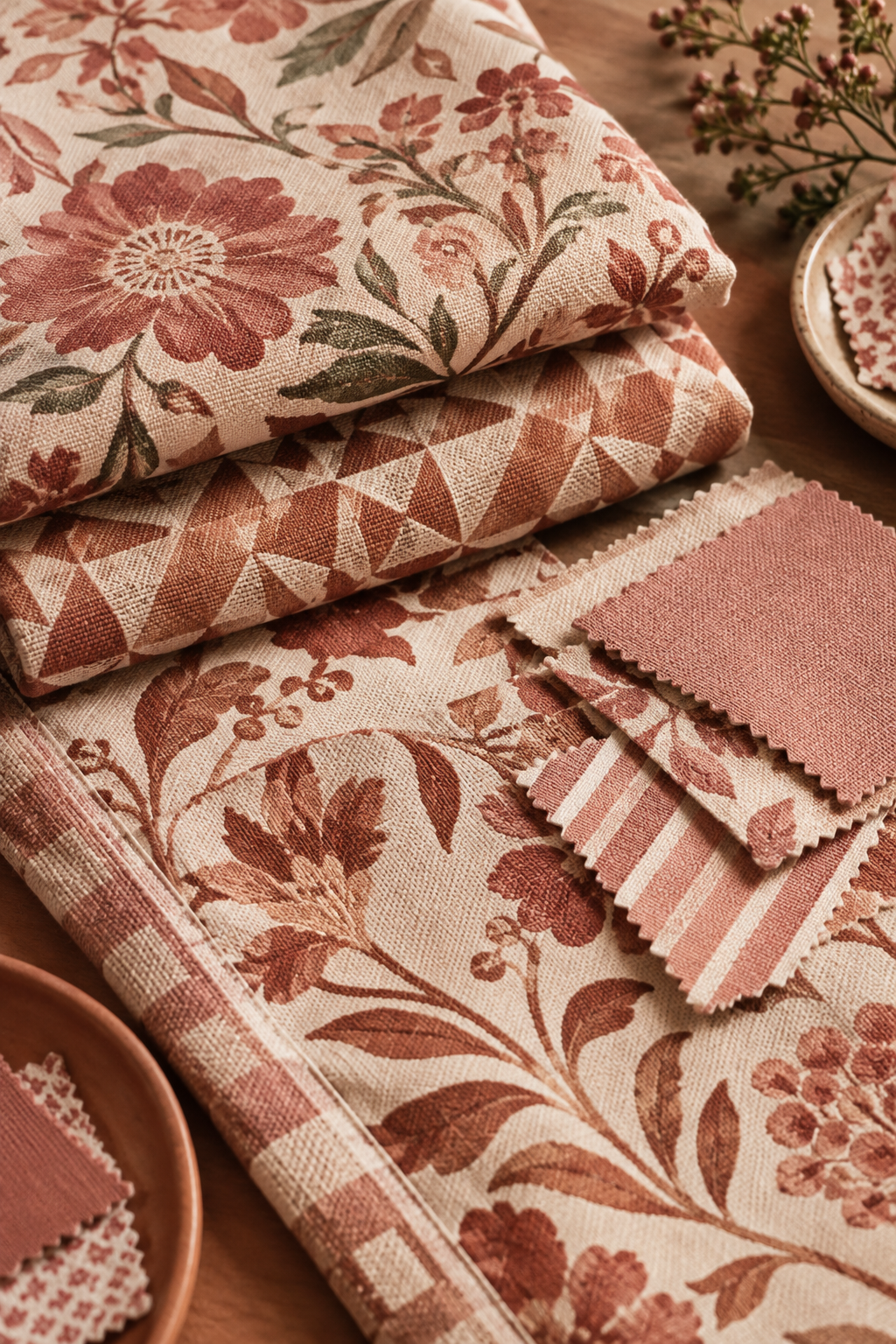 Tactile close-up of layered patterned textiles in warm rose, clay, and cream tones with stitched edges and soft natural light