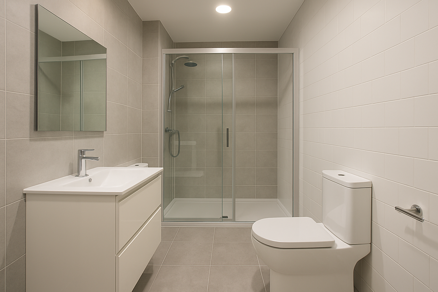 Baño rectangular reformado con combinación de alicatado gris y blanco