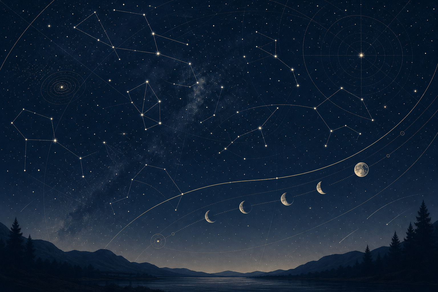 Wide calm star-map illustration with fine constellation traces, orbital guide lines, moon-phase marks, and a faint starfield over a deep night sky