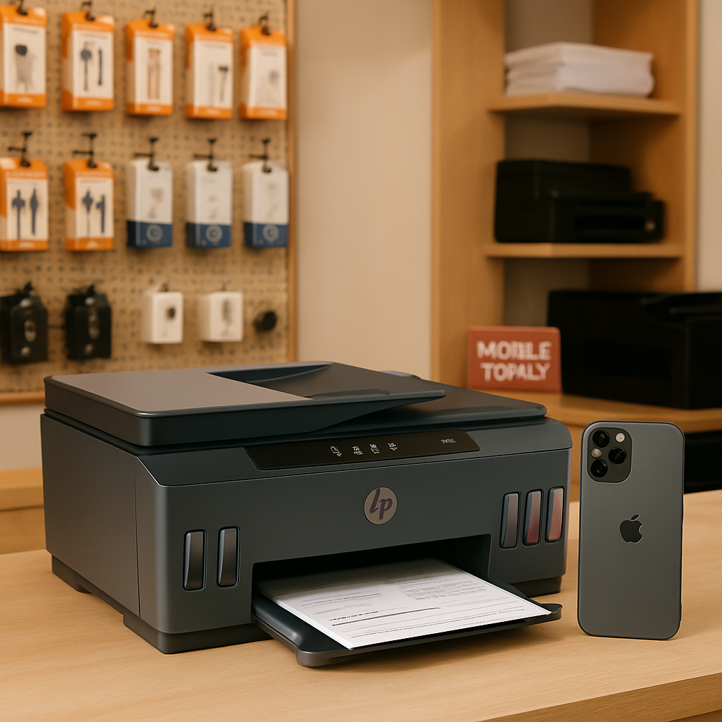 Mostrador moderno de tienda local con varios cargadores y cables organizados, una terminal de recargas móviles encendida y una impresora compacta lista para usar