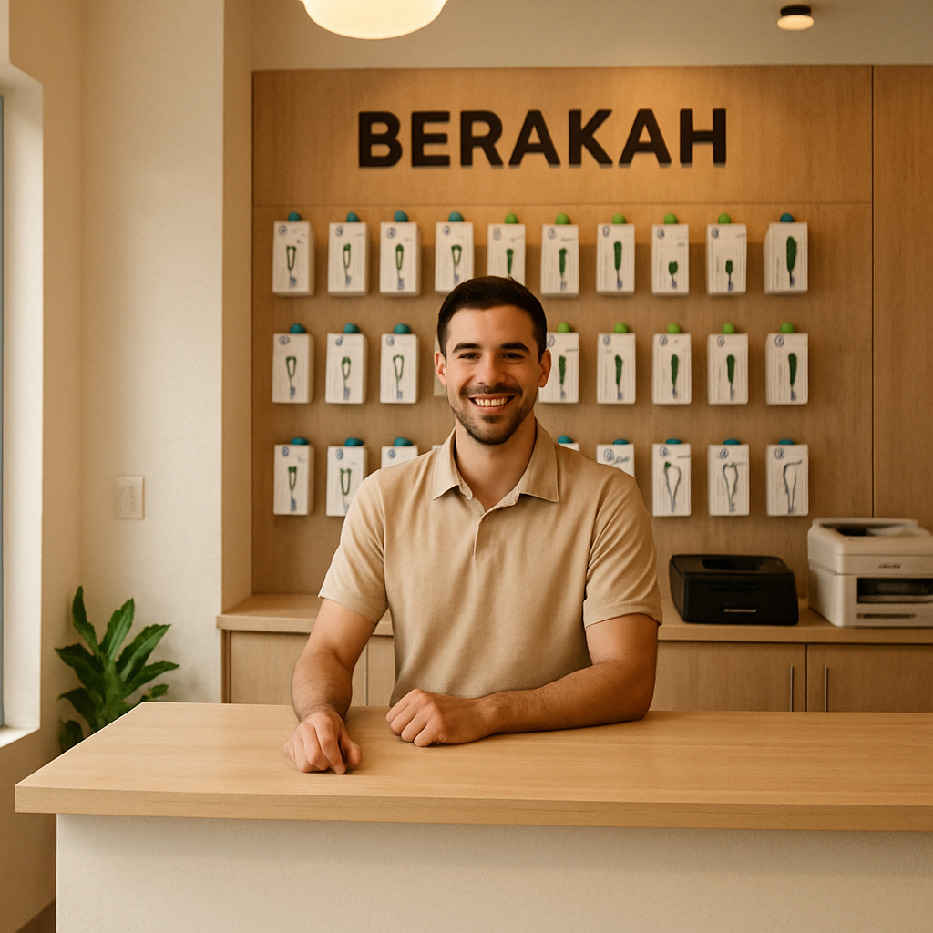 Mostrador de una tienda local con cargadores y cables, atendida por una persona amable en un ambiente limpio y moderno
