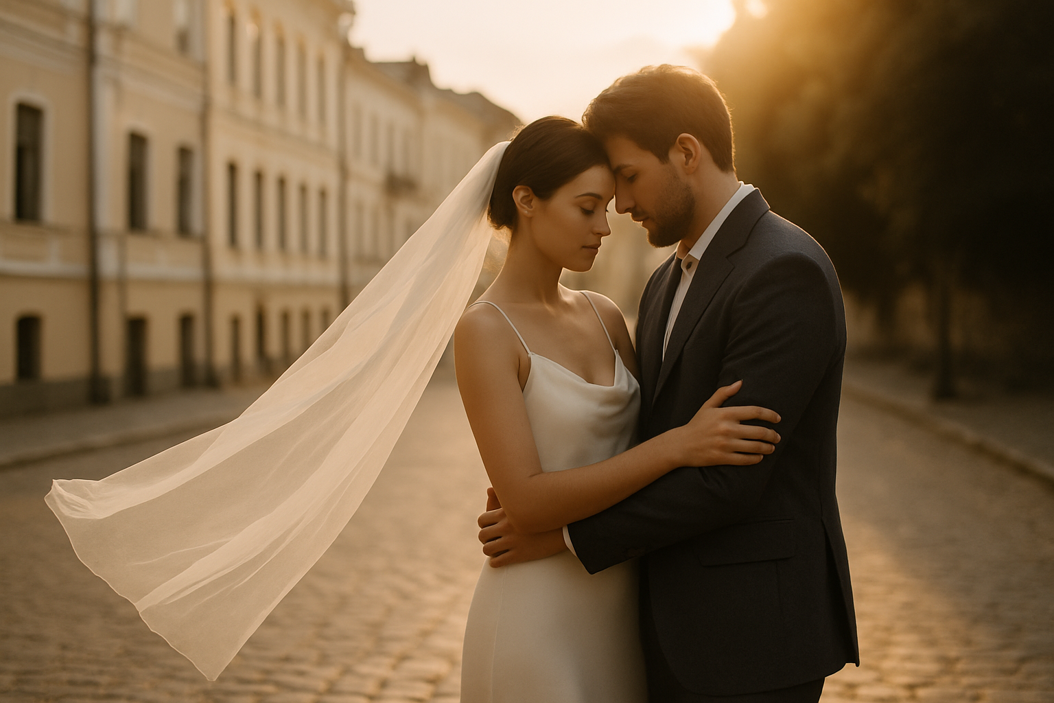 Cinematic golden-hour documentary portrait of a couple embracing on a quiet cobblestone street in Kyiv, soft film grain and warm muted tones