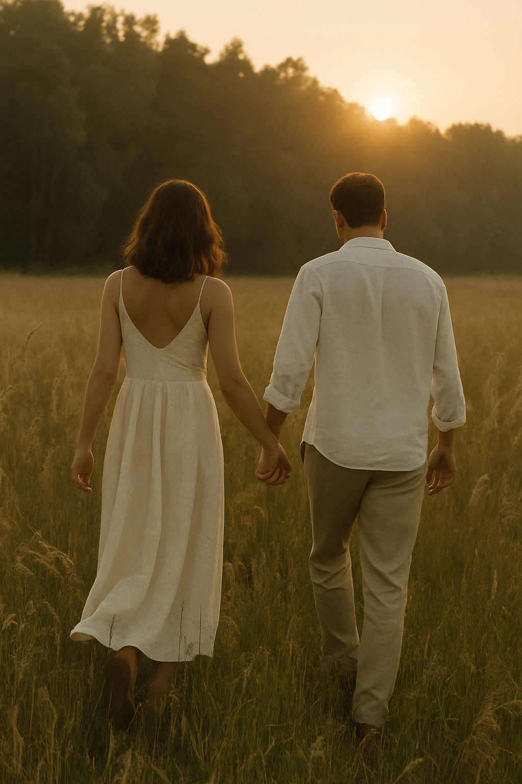 Couple walking hand in hand through a tall golden meadow at sunset
