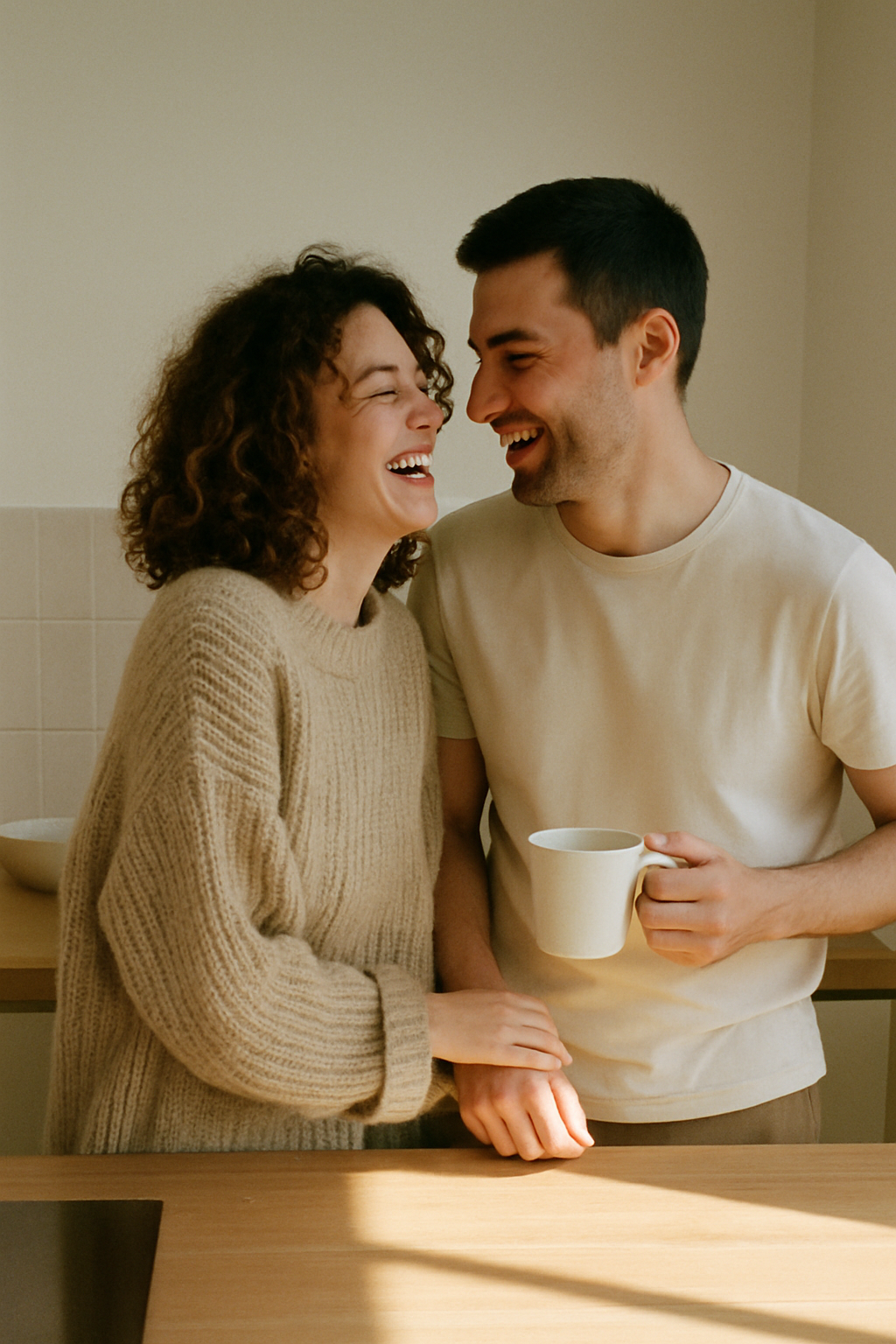 Couple laughing together in a sunlit home kitchen in the morning