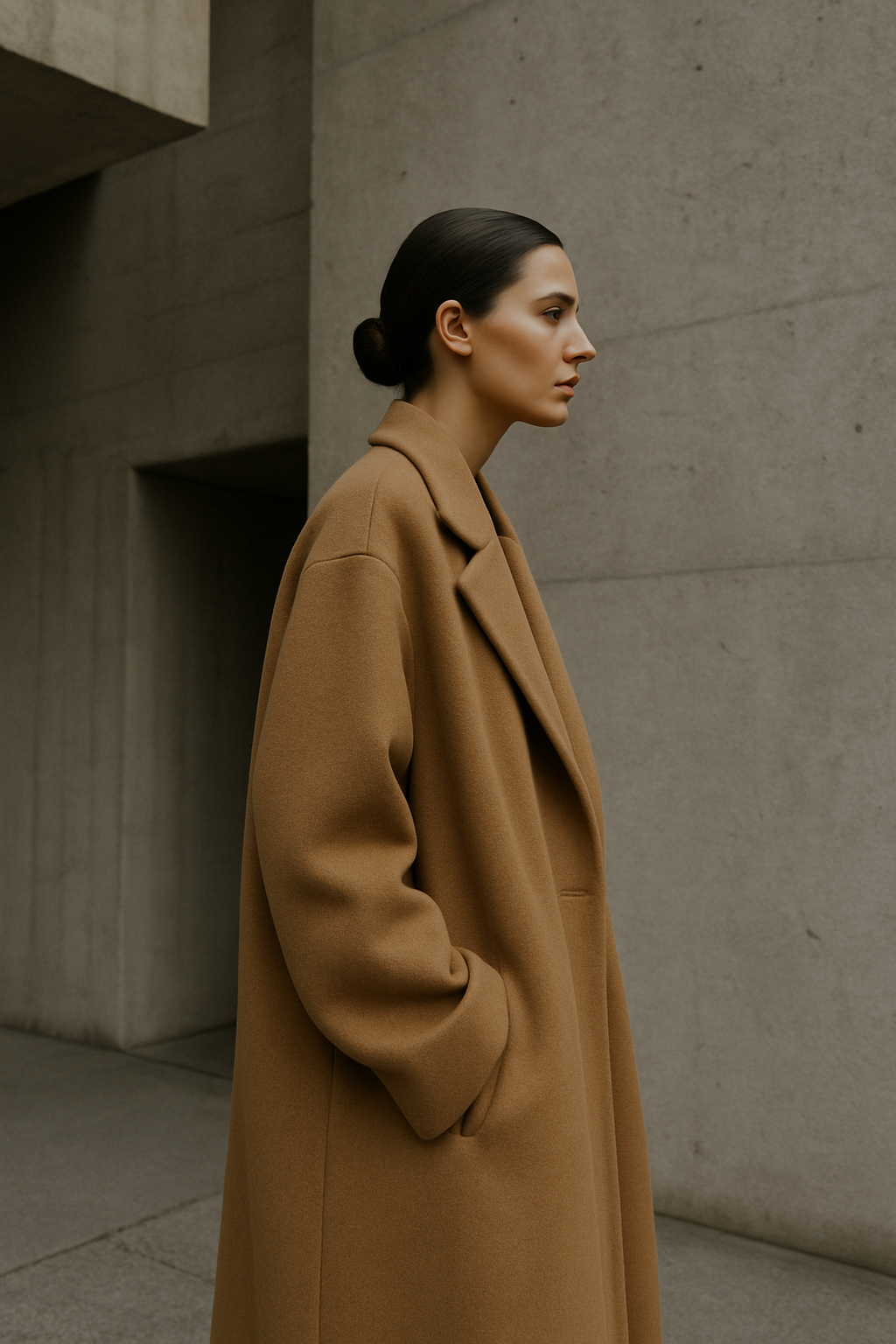 Model in a camel wool coat against raw concrete architecture