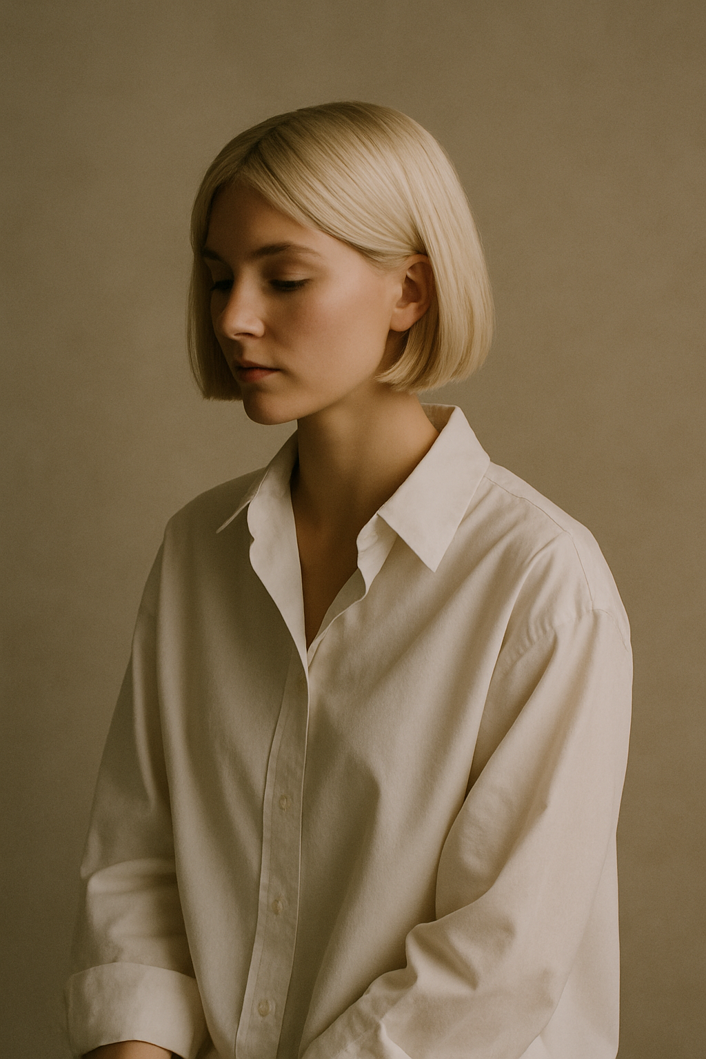 Studio portrait of a woman in a crisp white shirt lit by soft side light