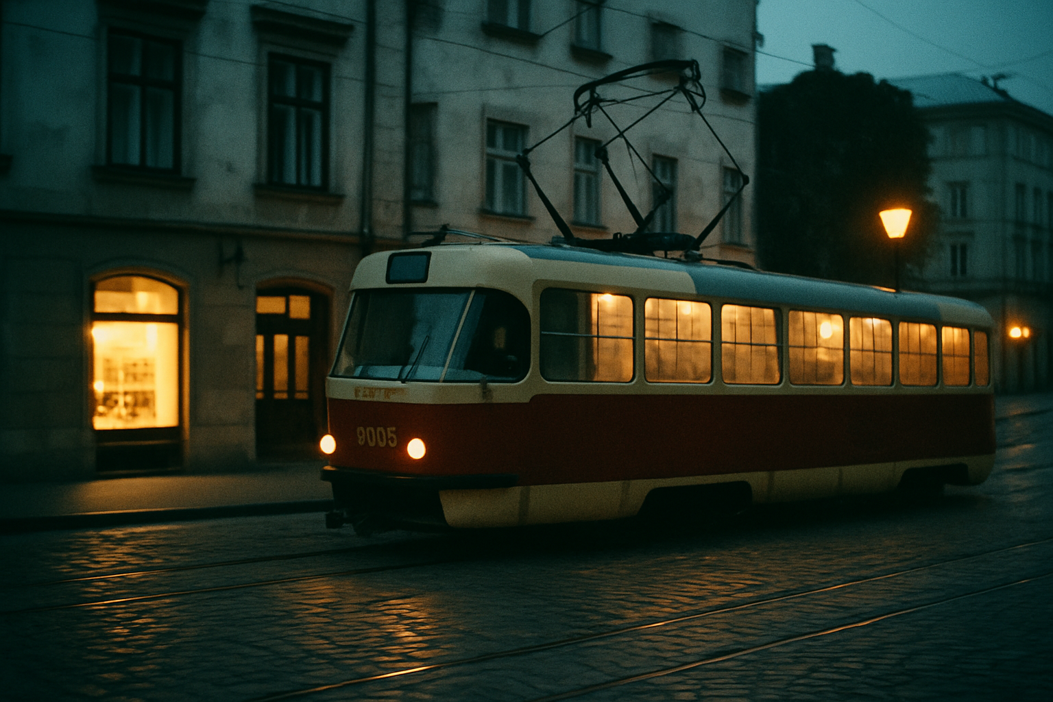 Grainy film photograph of a Kyiv tram passing on a cobbled street at dusk