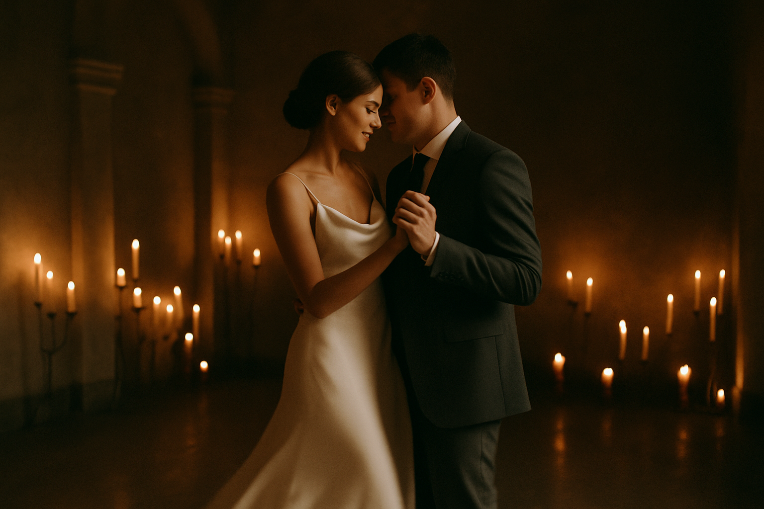 Newlyweds sharing a first dance in a candlelit hall with gentle motion blur
