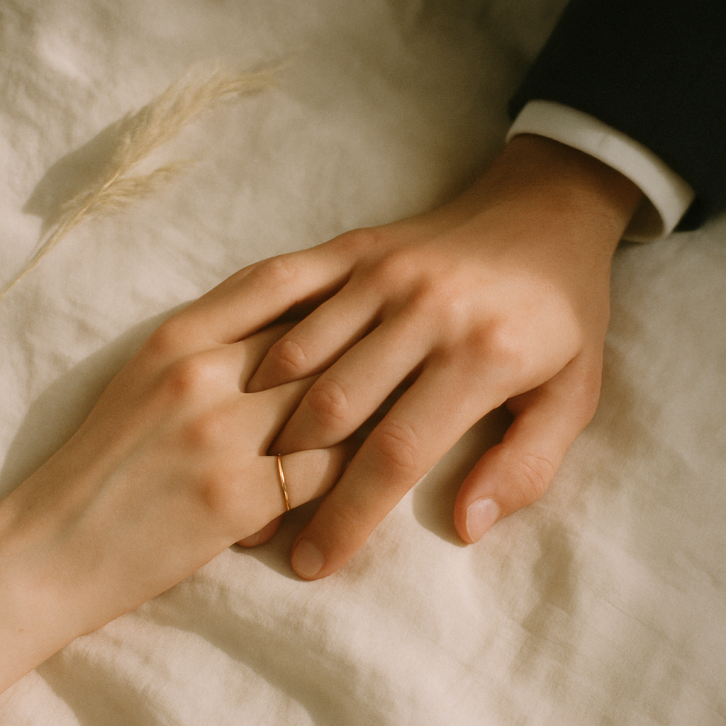Close-up of intertwined hands with gold wedding rings on ivory linen