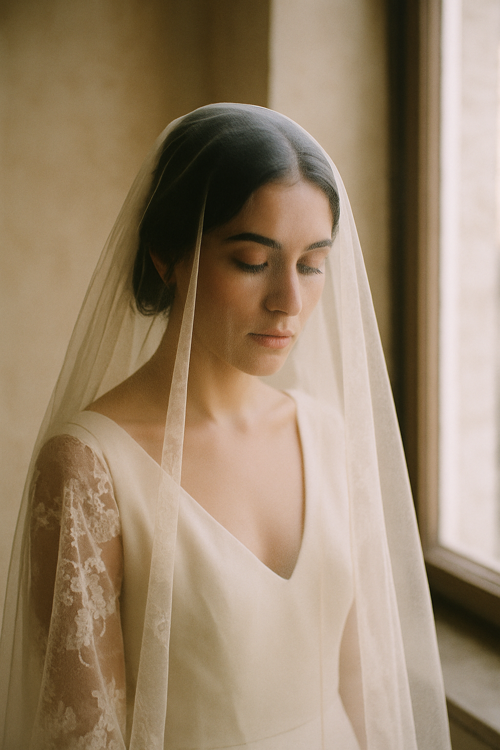 Bride beneath a sheer lace veil in soft window light