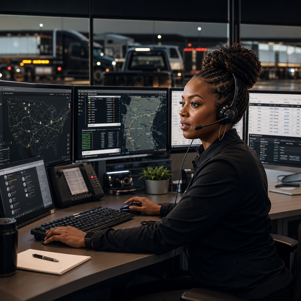 Dispatcher coordinating hotshot loads with route map and live communication screens in a trucking operations office