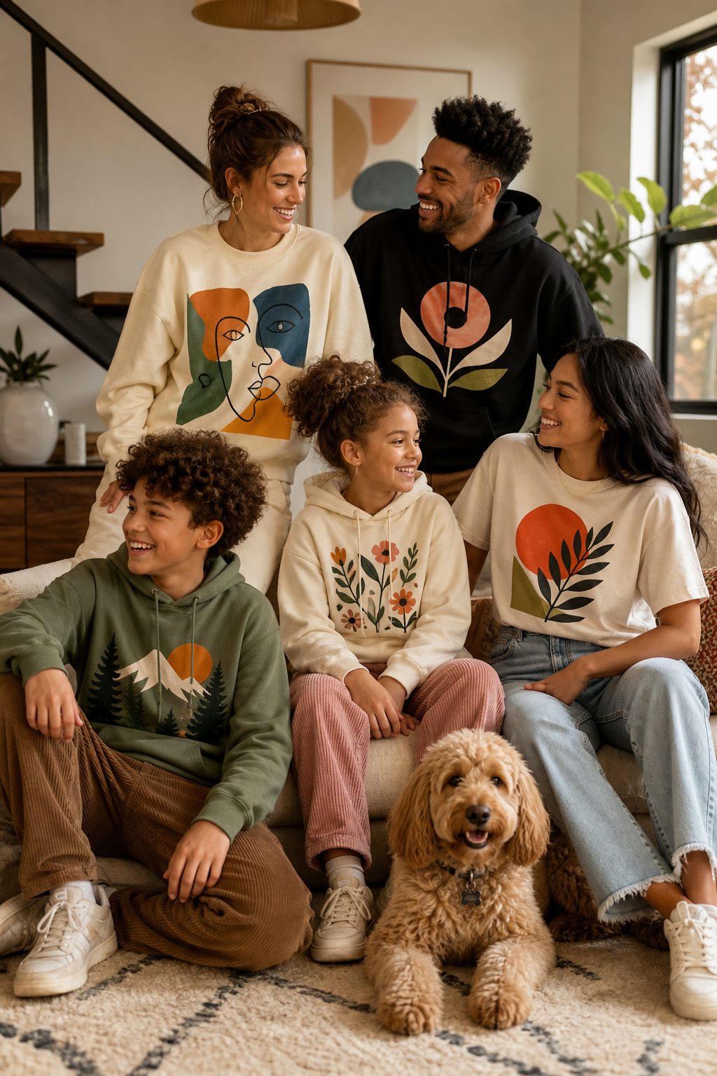 Warm editorial family fashion scene with expressive print-on-demand outfits for adults and kids in a contemporary home setting