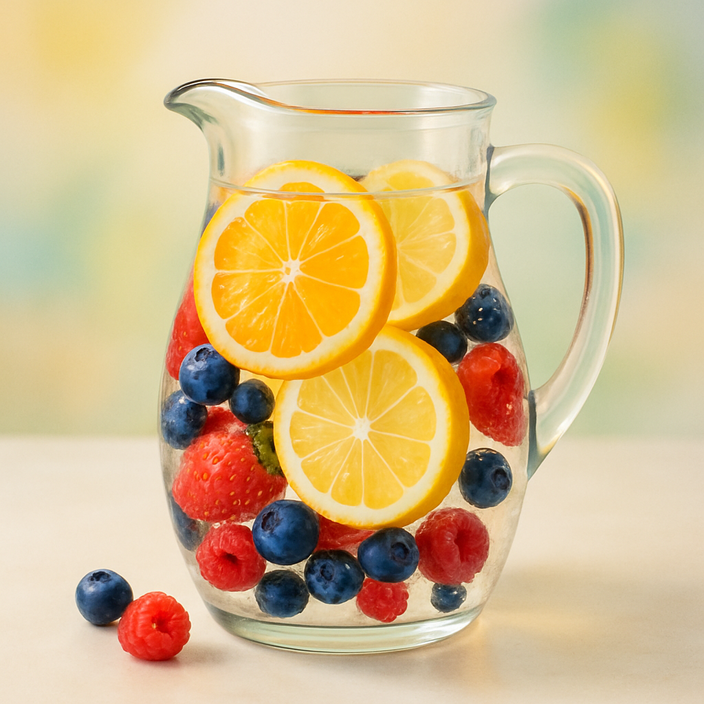 Glass pitcher of water with floating citrus and berries